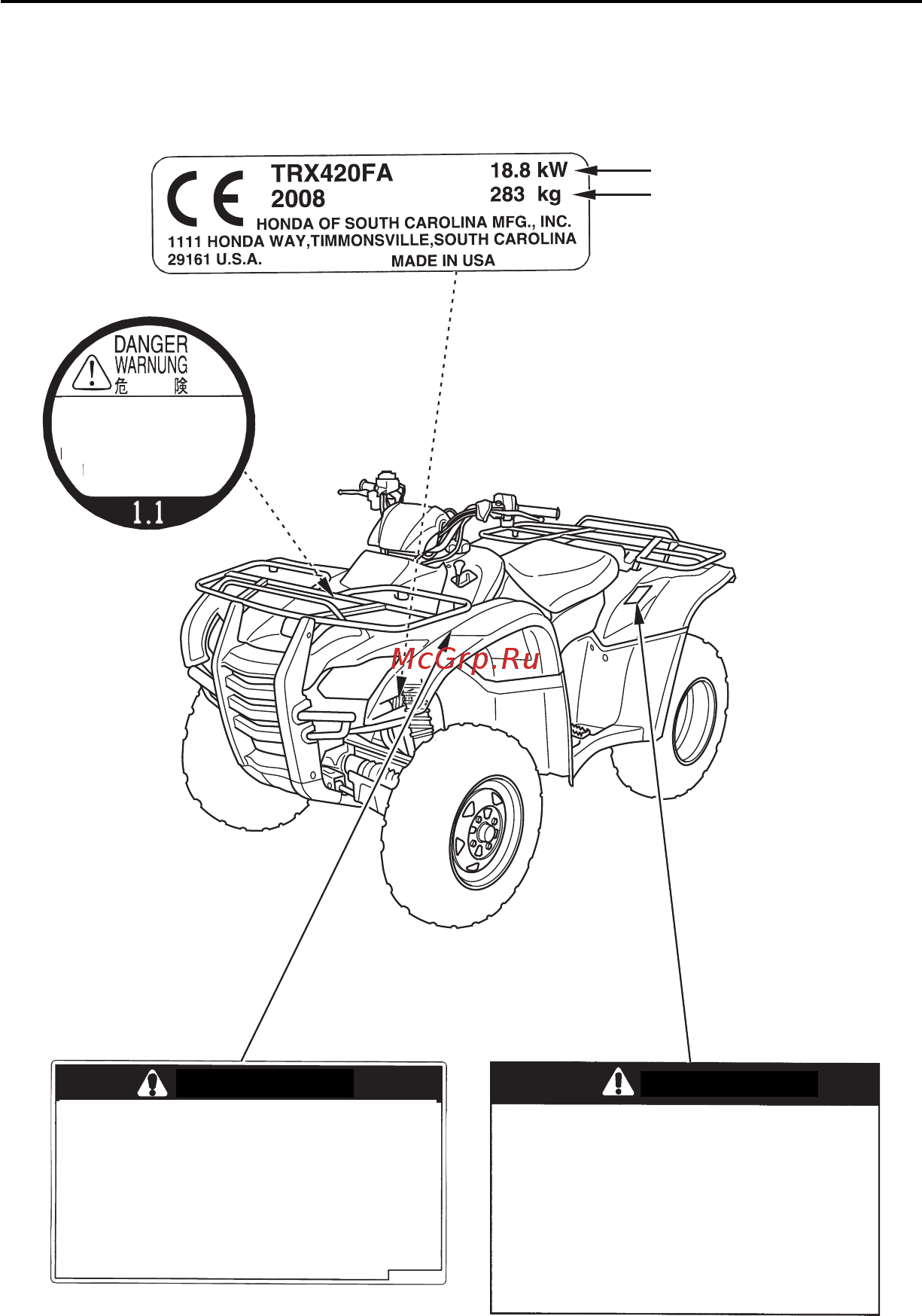 Honda TRX420FA (2009-2011) [14/234] Предупреждающие таблички