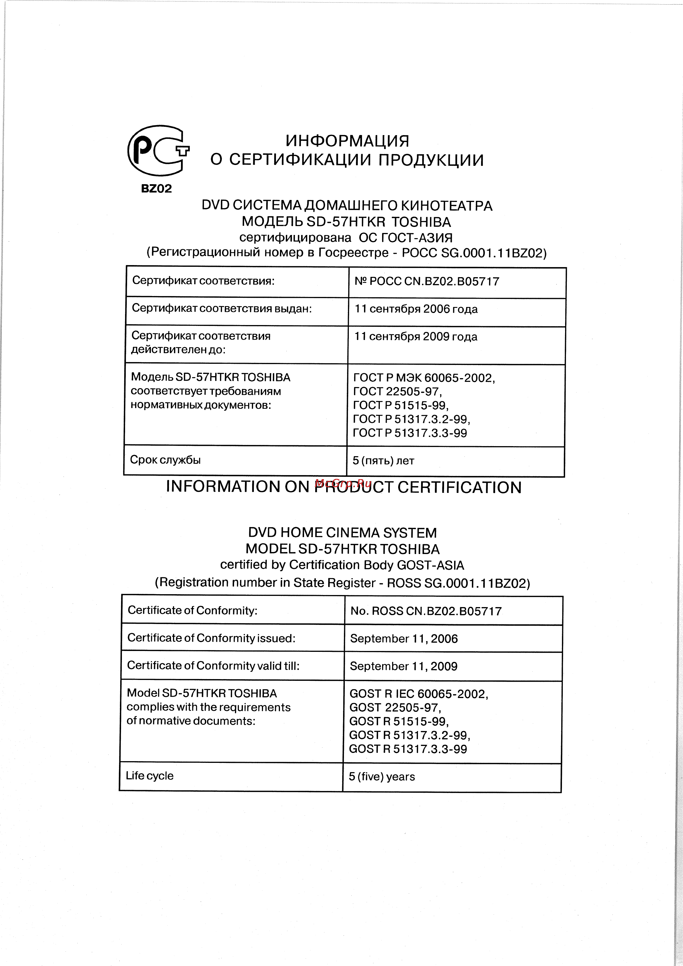Toshiba SD-57HTKR [32/32] Information on product certification