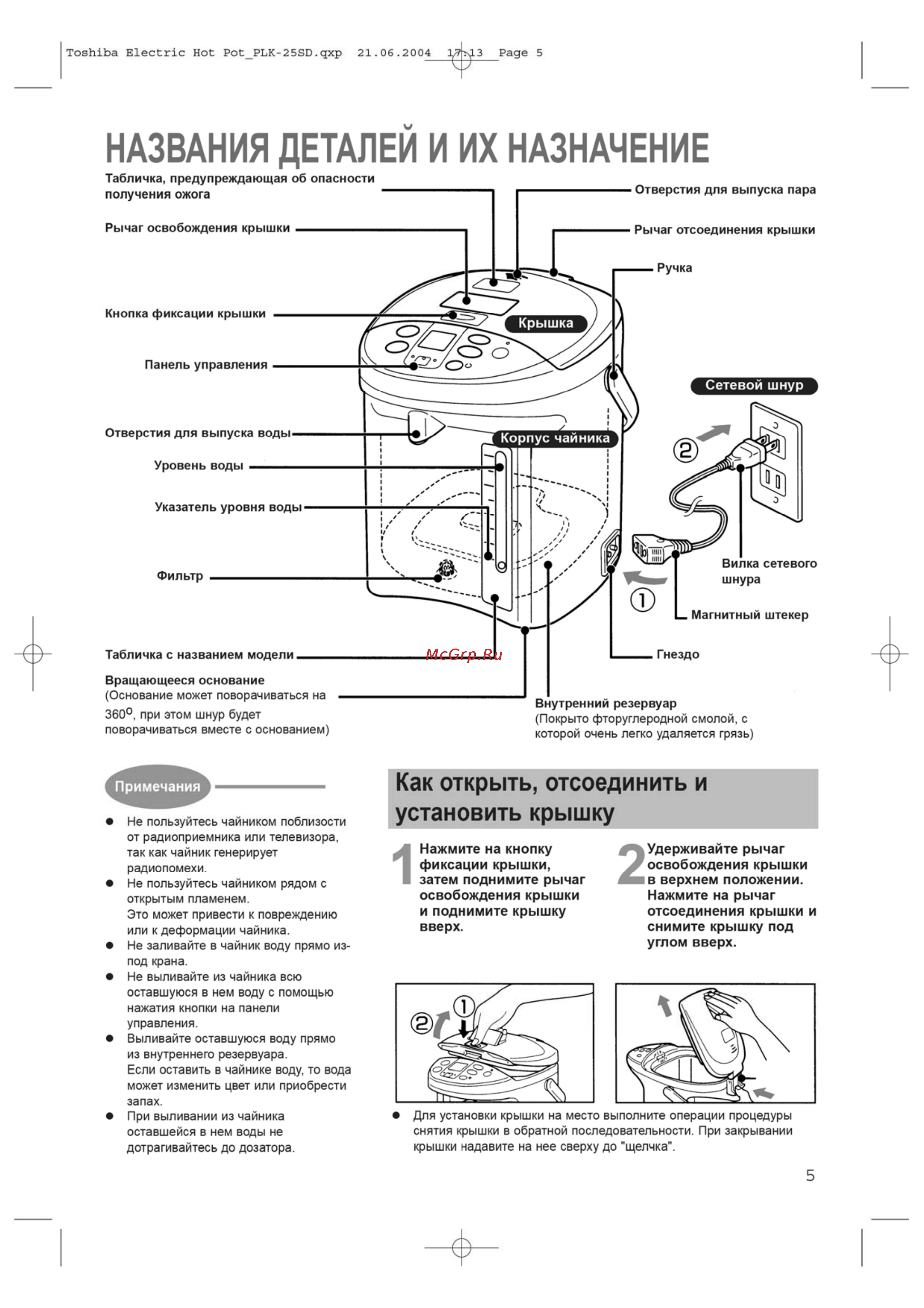 Toshiba PLK45SDRT [5/12] Названия деталей и их назначение