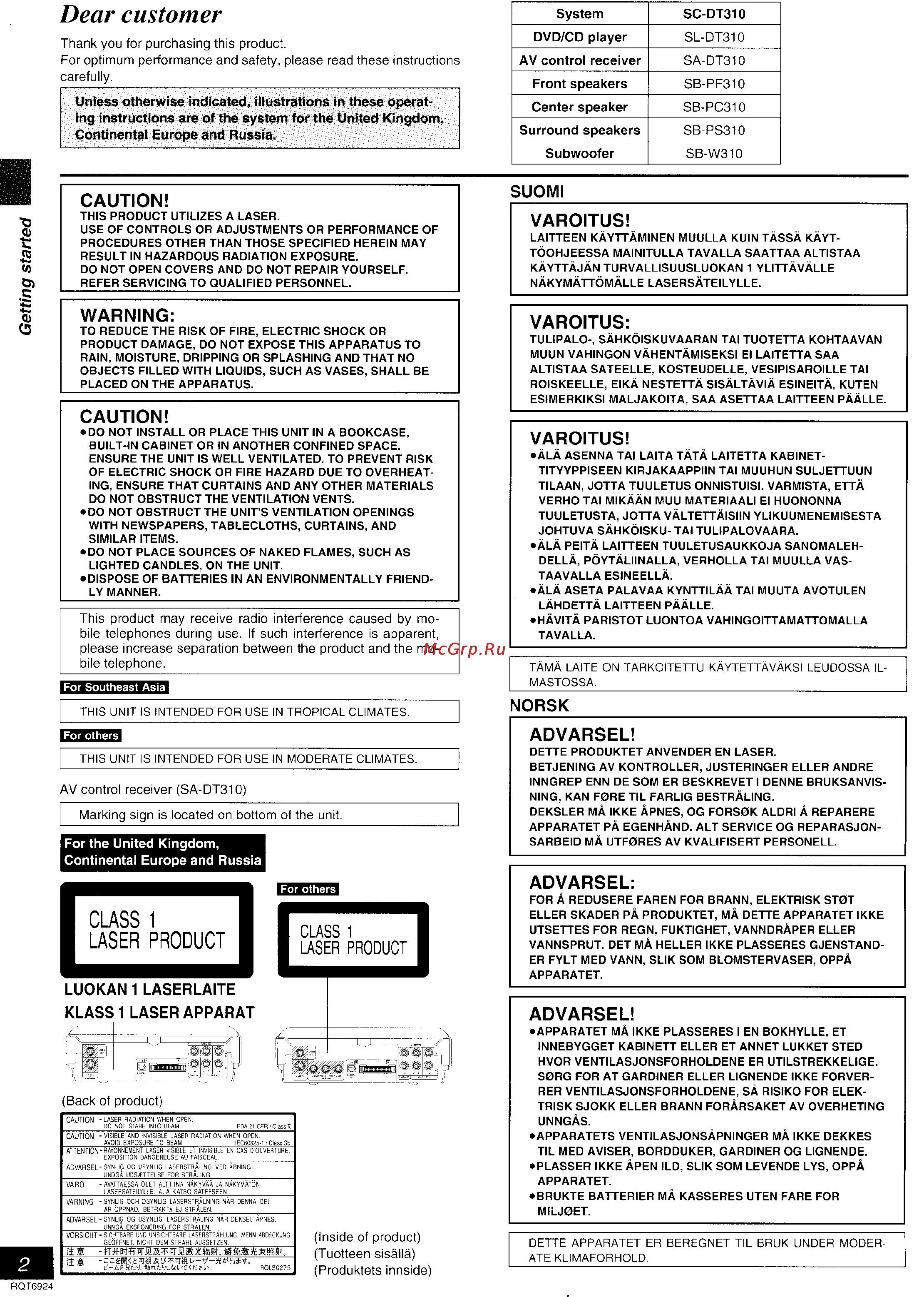 Panasonic SC-DT310 [39/77] Dear customer