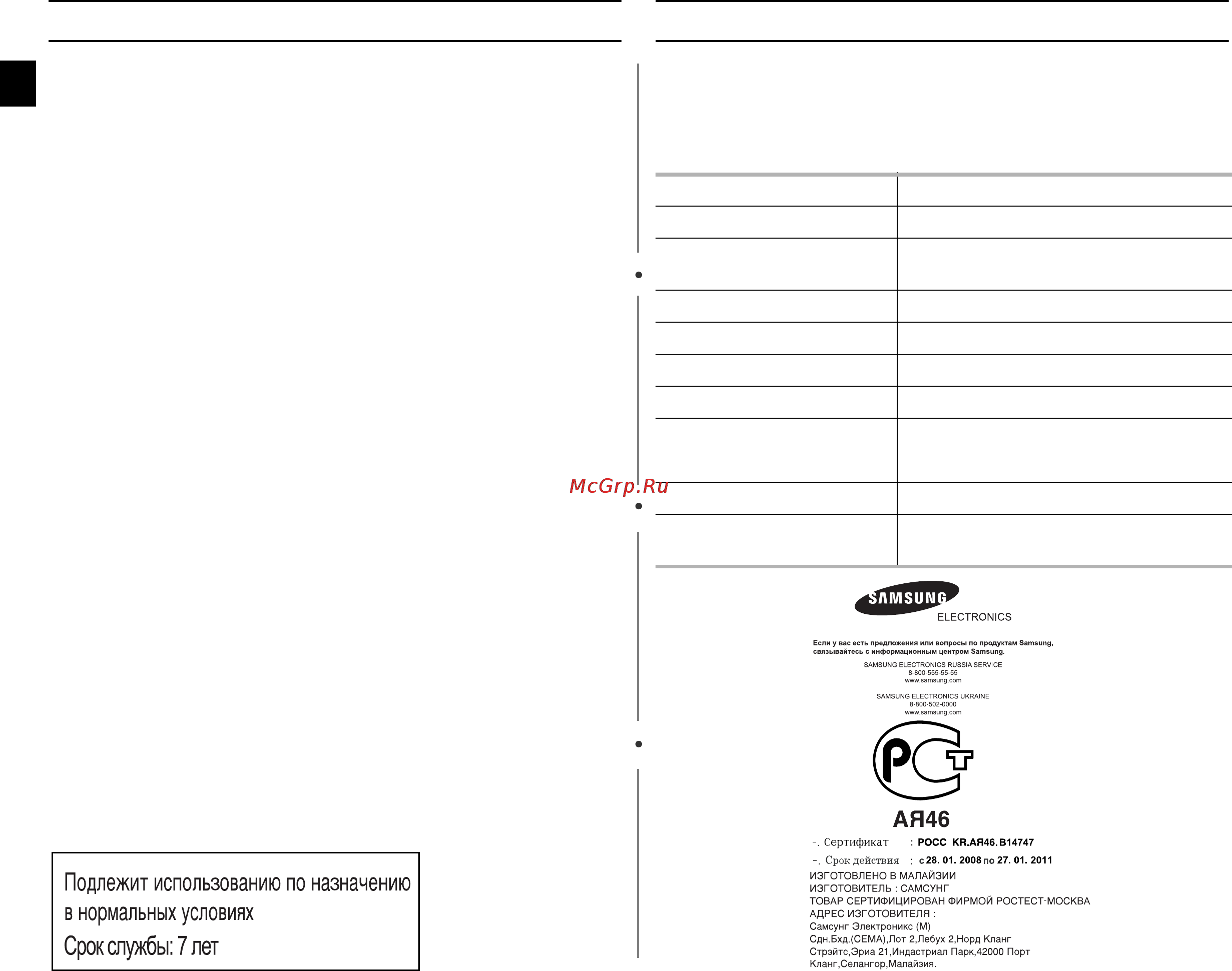 Samsung MW73VR [12/12] Технические характеристики