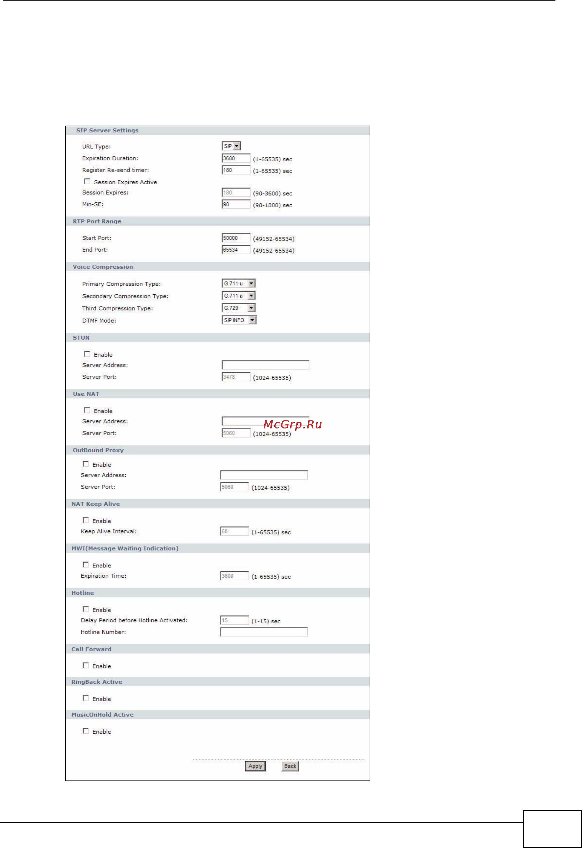 Zyxel V301-T1 [113/240] Advanced sip setup screen