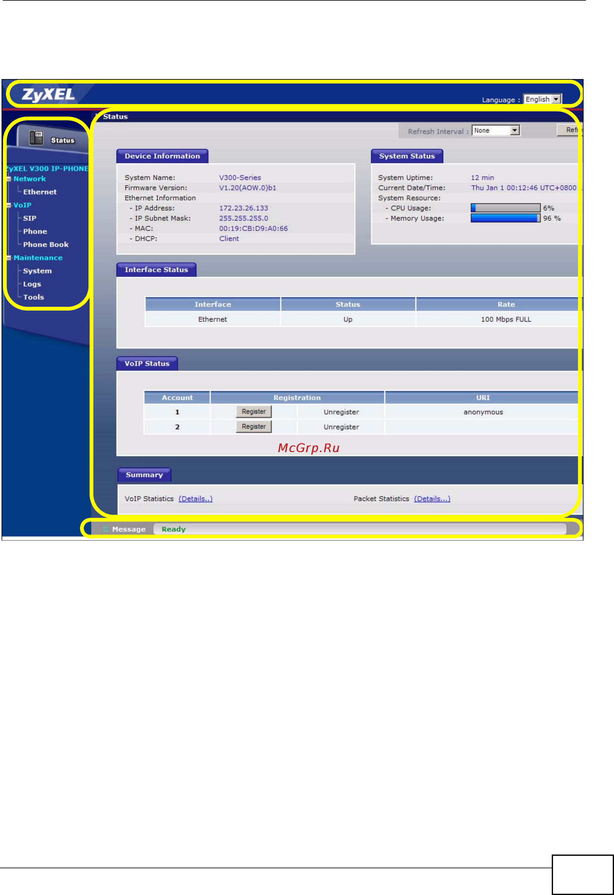 Zyxel V301-T1 [85/240] Figure 78 the status screen