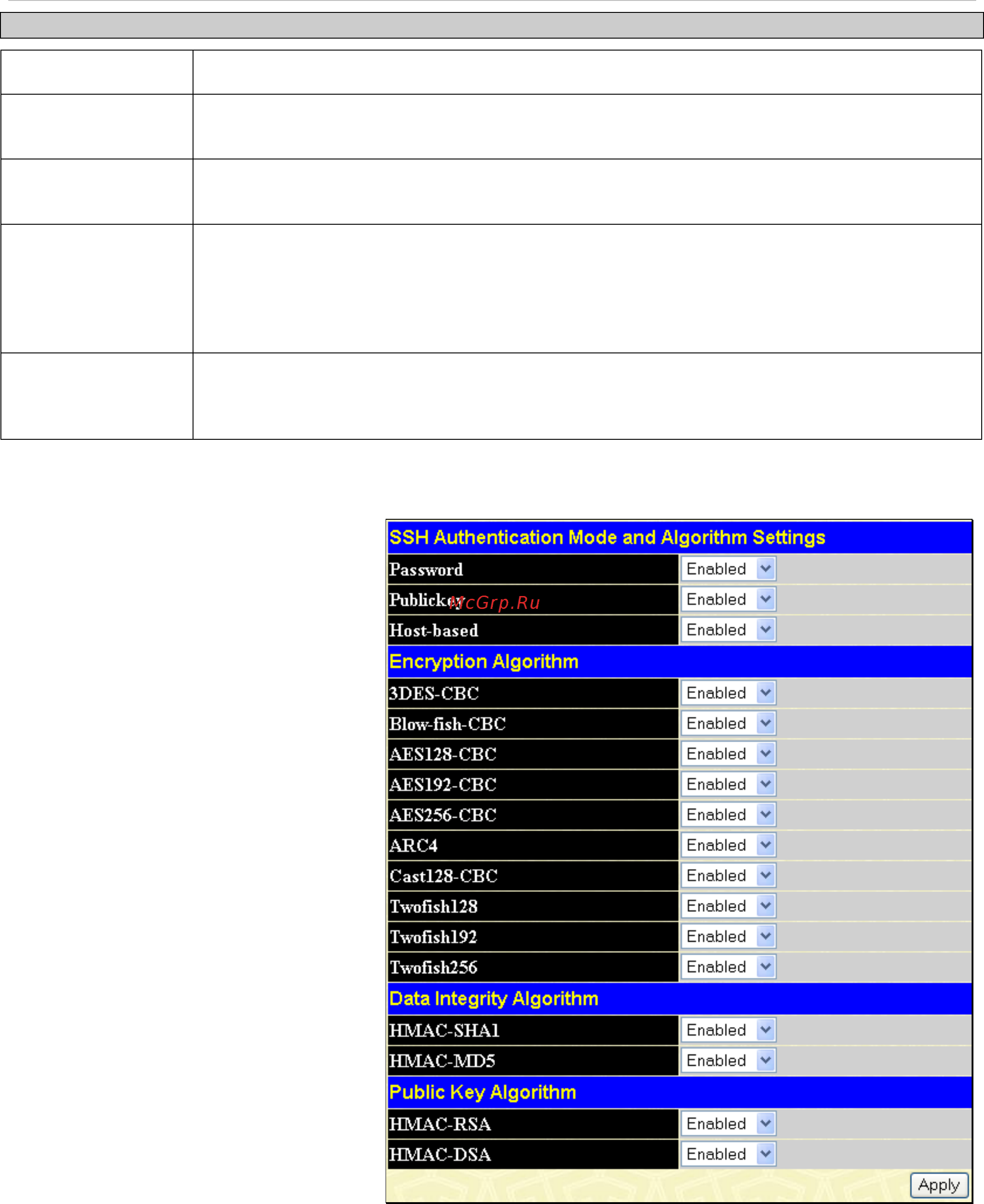 D-Link DES-1228/ME [167/267] Ssh authentication mode and algorithm settings