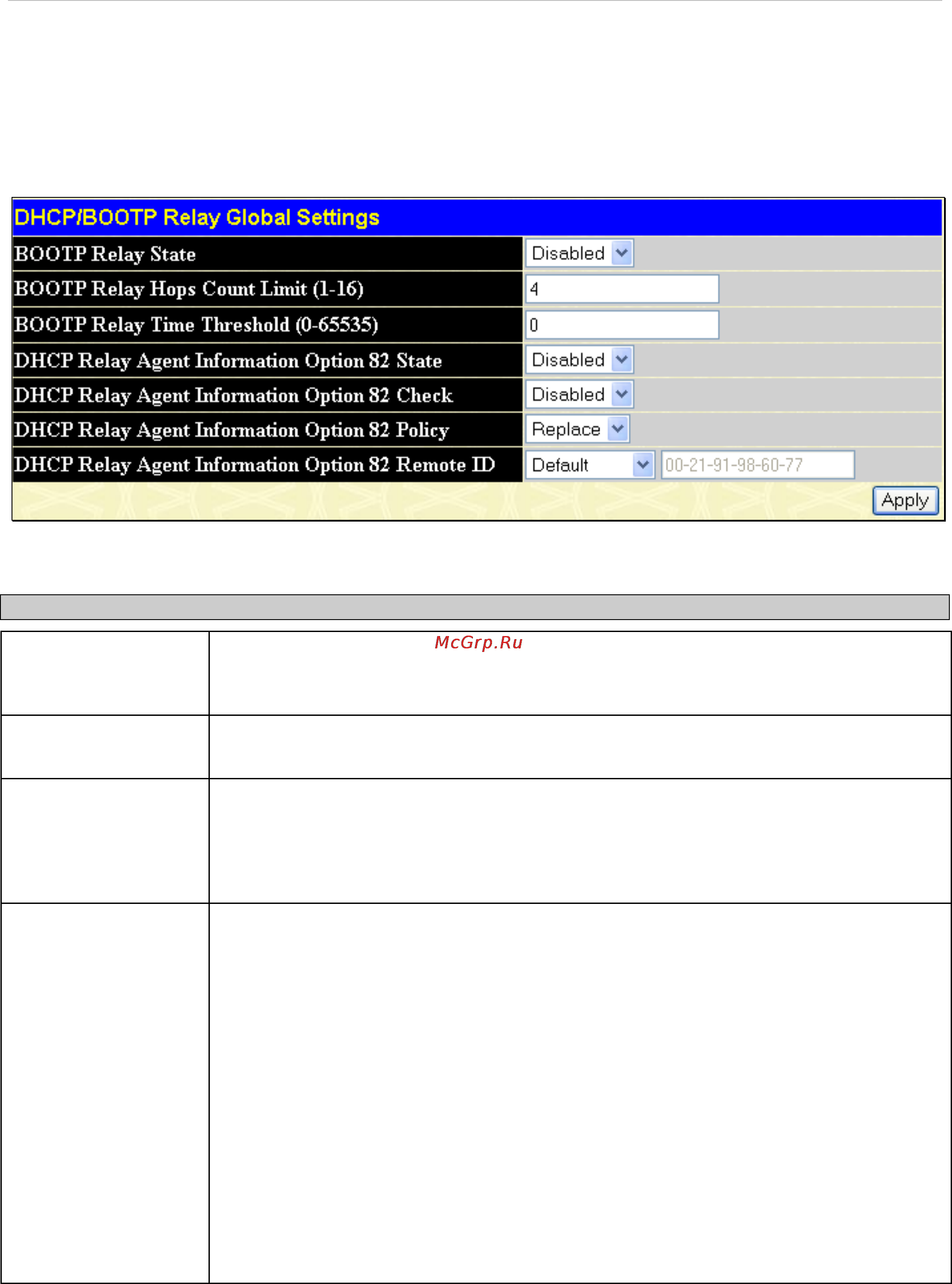 D-Link DES-1228/ME [45/267] Dhcp bootp relay global settings