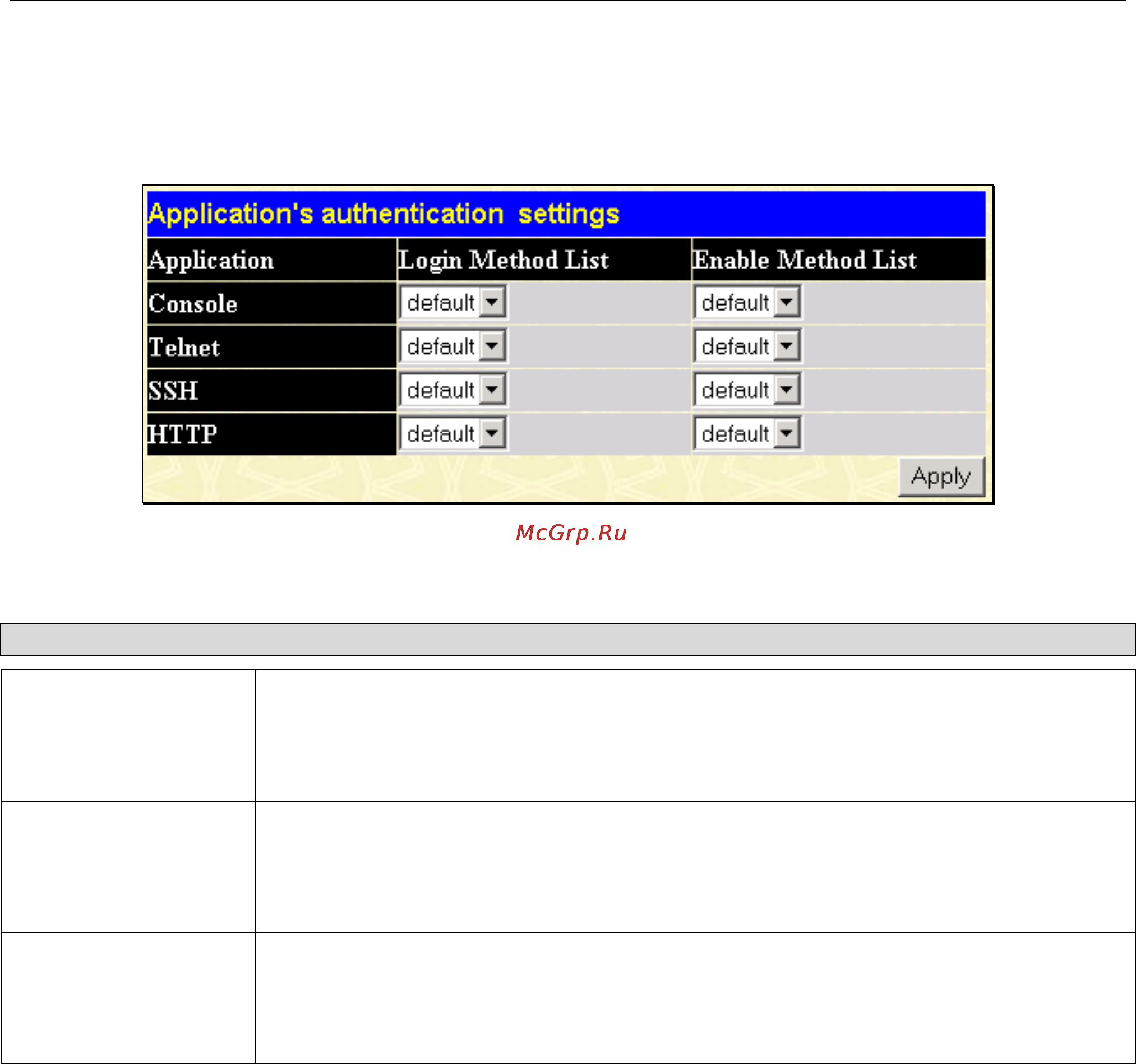 D-Link DGS-3312SR [200/290] Application authentication settings