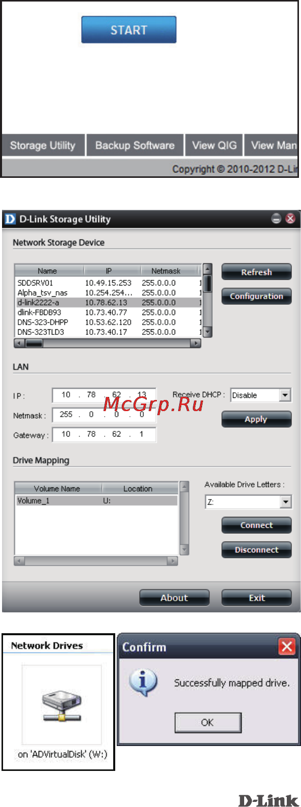 D-Link DNS-325 [18/19] Можно использовать утилиту d link storage utility для подключения дисков к компьютеру поместите cd диск sharecenter shadow в привод cd rom