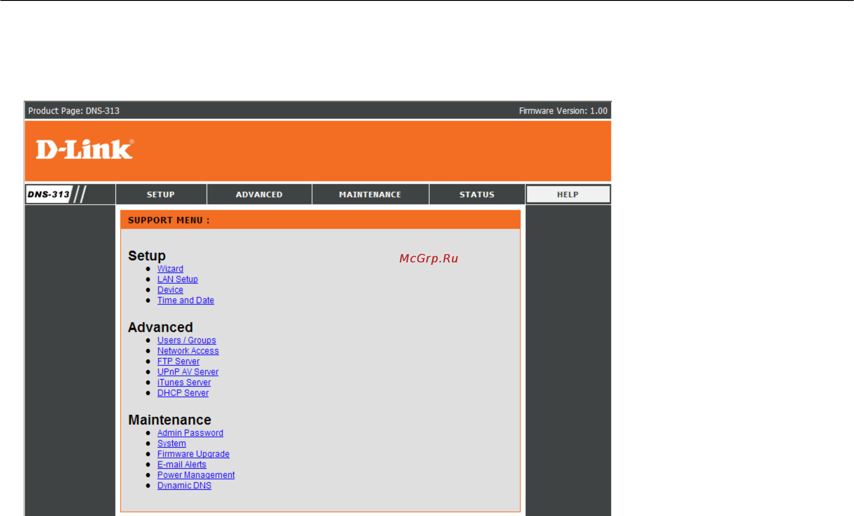 D-Link DNS-313 [53/67] The dns 313 help page provides a menu of help topics explaining the features of the device