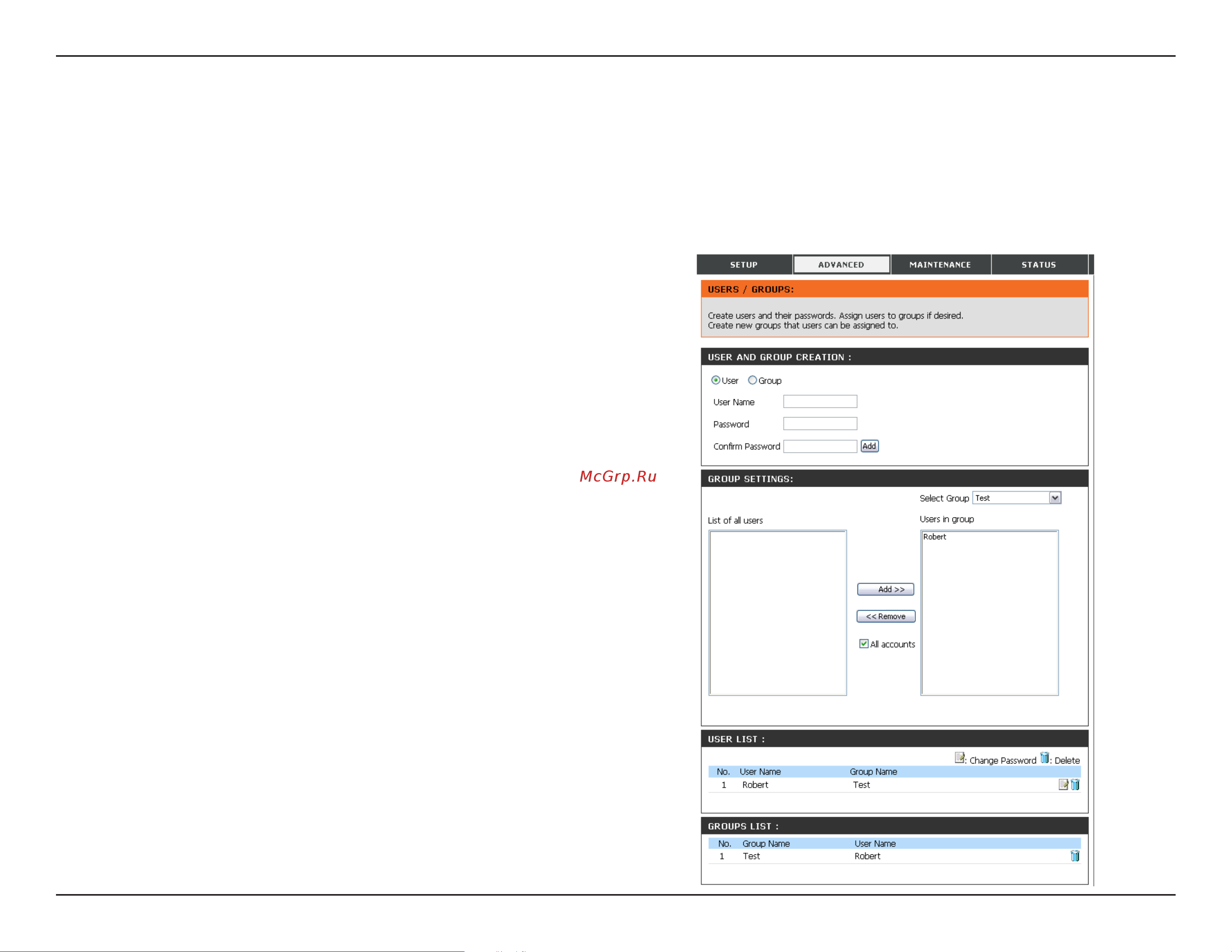 D-Link DNS-343 [29/86] The users groups menu is used to create and manage user and group accounts these are used for user access and read write privileges for specified folders on the network drive using the network access menu or to setup ftp access and privileges up to 64 users and 10 groups can be created by default all users have read and write access to all folders but access rules can be created in the network access menu