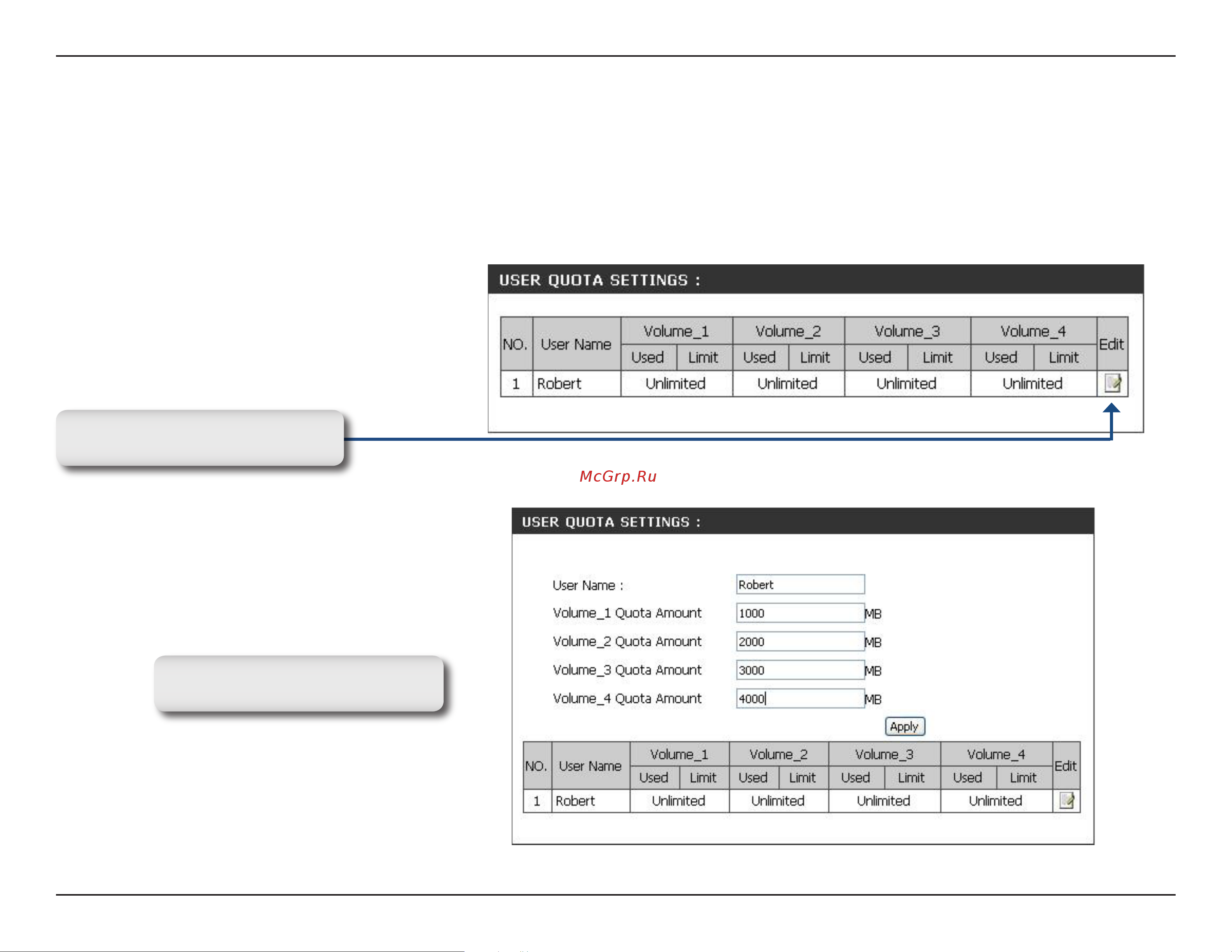 D-Link DNS-343 [32/86] All users and groups are automatically listed on this page and cannot be deleted the default quota setting is unlimited