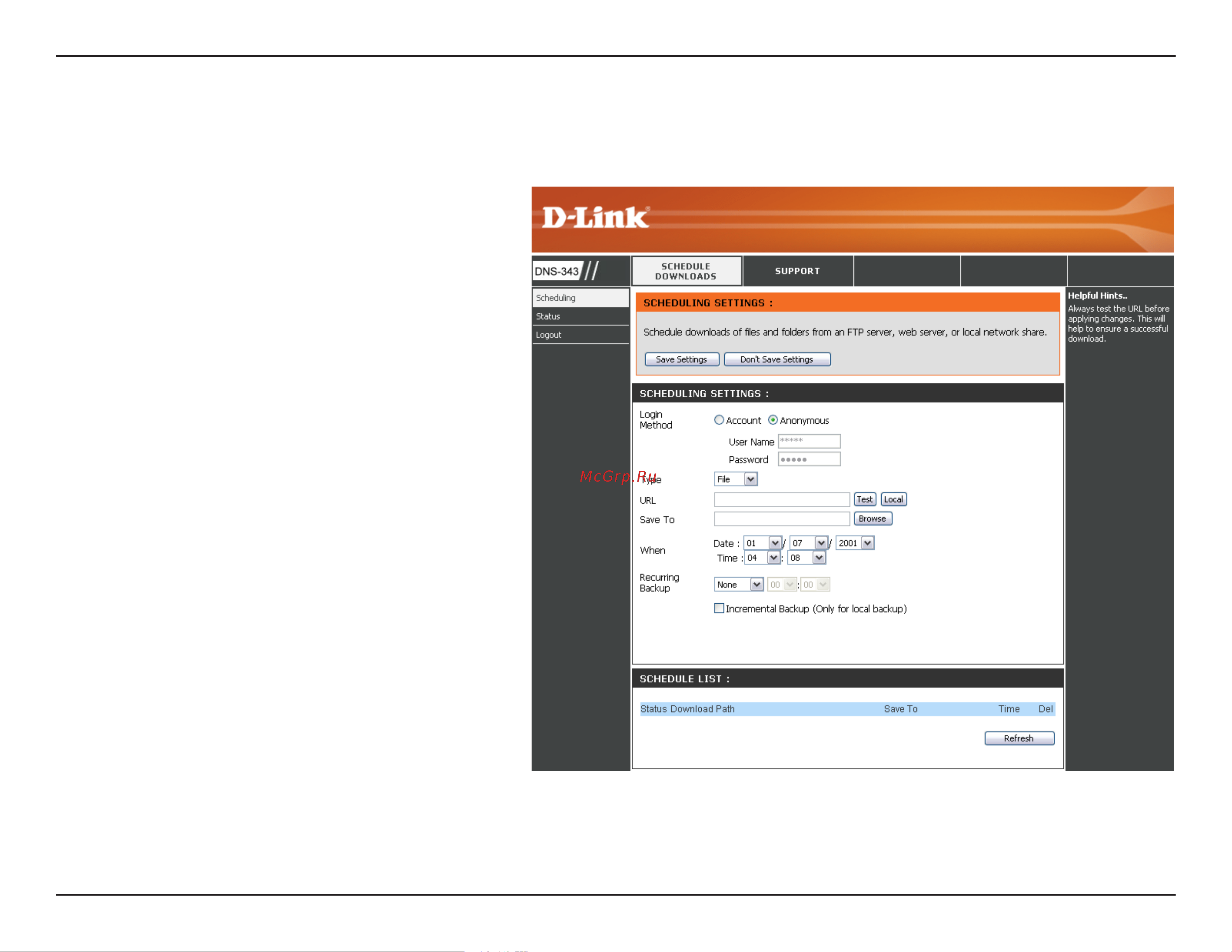D-Link DNS-343 [61/86] Schedule downloads