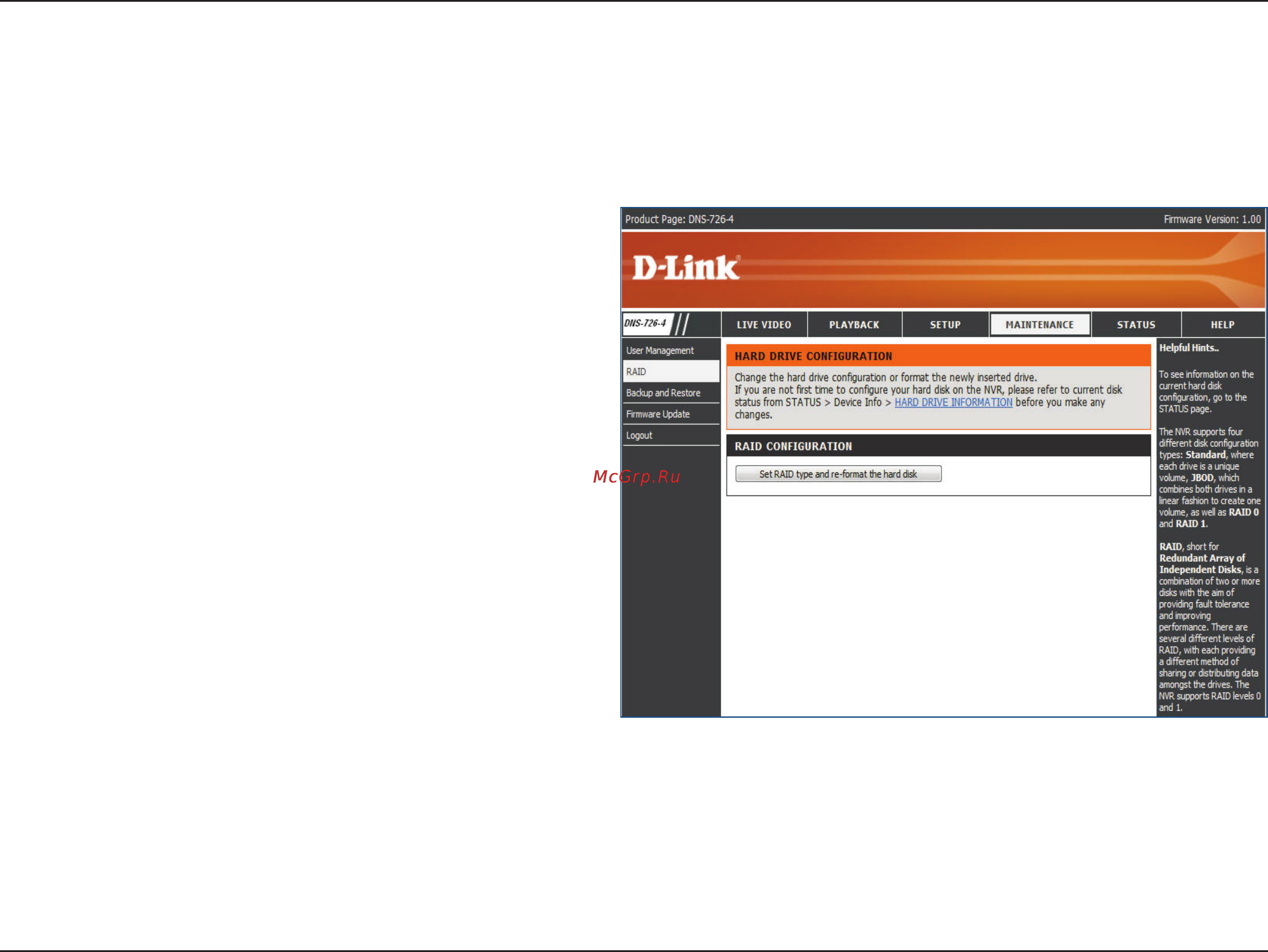D-Link DNS-722-4 [48/88] In this section you may configure your hard drives by clicking the set raid type and re format button all data will be lost during this process