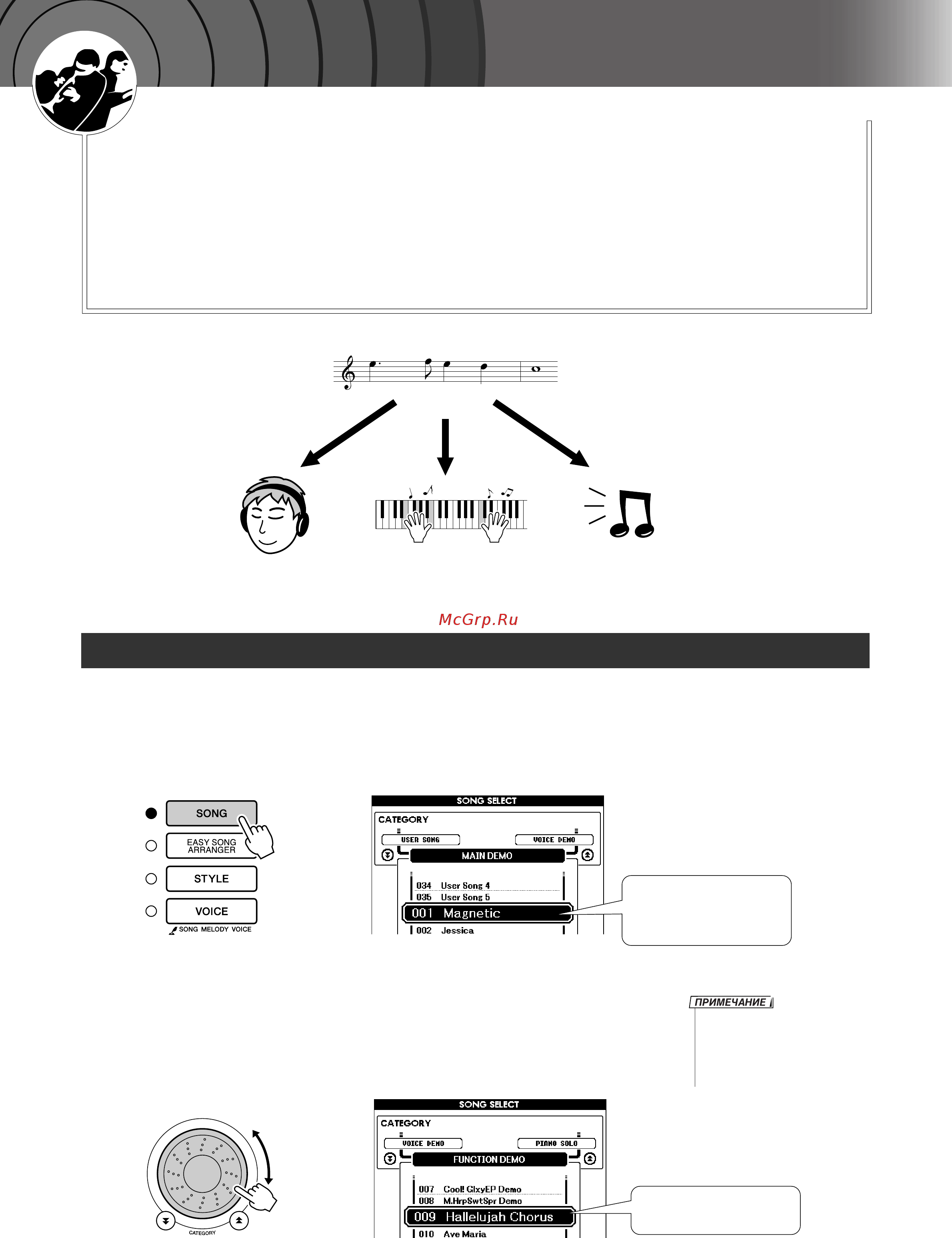 Yamaha DGX-620 [29/139] Выбор и прослушивание песни