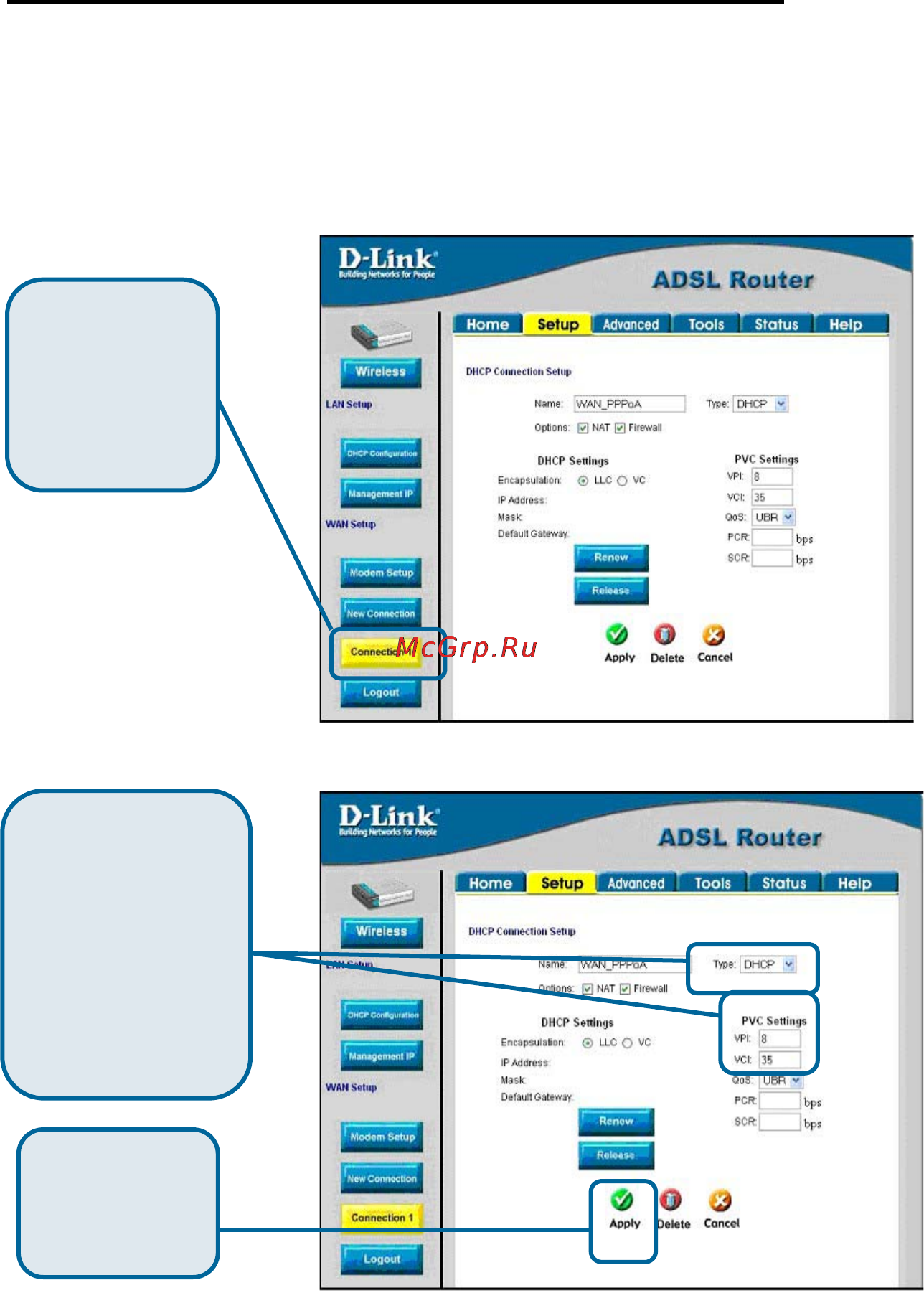 D-Link DSL-G604T [15/20] Настройка connection 1 типа dhcp для wan
