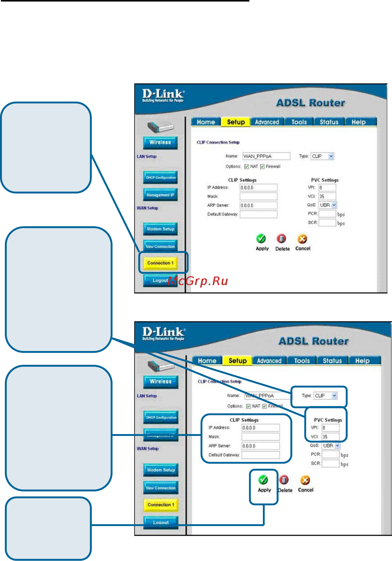 D-Link DSL-G604T [17/20] Настройка connection 1 типа clip