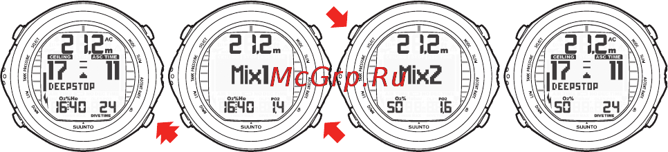 Suunto D9tx [102/159] Переключение газа и использование нескольких смесей дыхательных газов