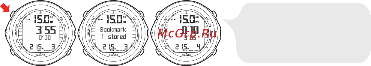 Suunto D9tx [104/159] В режиме gauge суммарное время погружения всегда отображается в минутах в правом нижнем углу кроме того dive timer таймер погружения в центральном окне отображает время в минутах и секундах dive timer таймер погружения в центральном окне включается при начале погружения он может быть сброшен во время погружения а также использован в качестве секундомера нажатием кнопки select