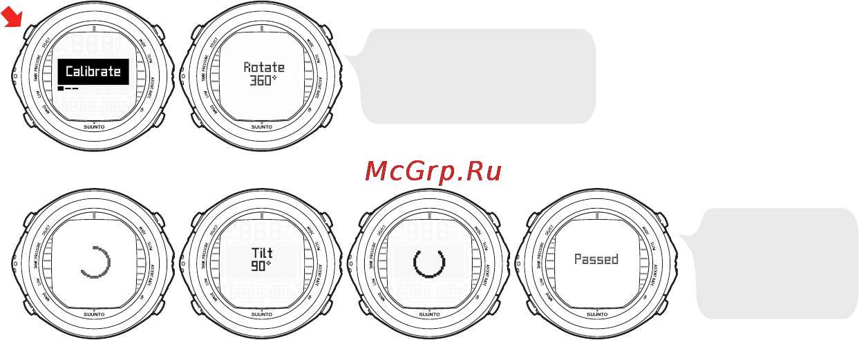 Suunto D9tx [37/159] Повторные нарушения калибровки могут свидетельствовать о том что вы нахо дитесь вблизи от источников сильного магнитного поля таких как крупные метал лические предметы линии электропитания или электрические приборы после перемещения в другое место попробуйте выполнить калибровку компаса еще раз если калибровка по прежнему не выполняется свяжитесь с авторизованным сервисным центром компании suunto