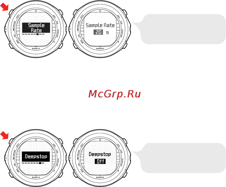 Suunto D9tx [68/159] Установка параметров глубоководных остановок в режиме air режим установки параметров deep stops глубоководные останов ки позволяет установить для глубоководных остановок режим on вкл или off выкл в зависимости от того используются ли глубоководные остановки или нет в режиме mixed для параметра deep stops глубоководные остановки всегда установлено значение on вкл