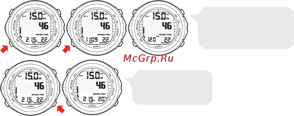 Suunto D9tx [85/159] Кроме того в случае задействования дополнительной беспроводной системы передачи данных в левом центральном окне отображается оставшееся время погружения с учетом воздуха параметр air time давление в баллоне в барах или в фунтах на квадратный дюйм отобра жается в левом нижнем углу давление в баллоне отображается графически с левой стороны