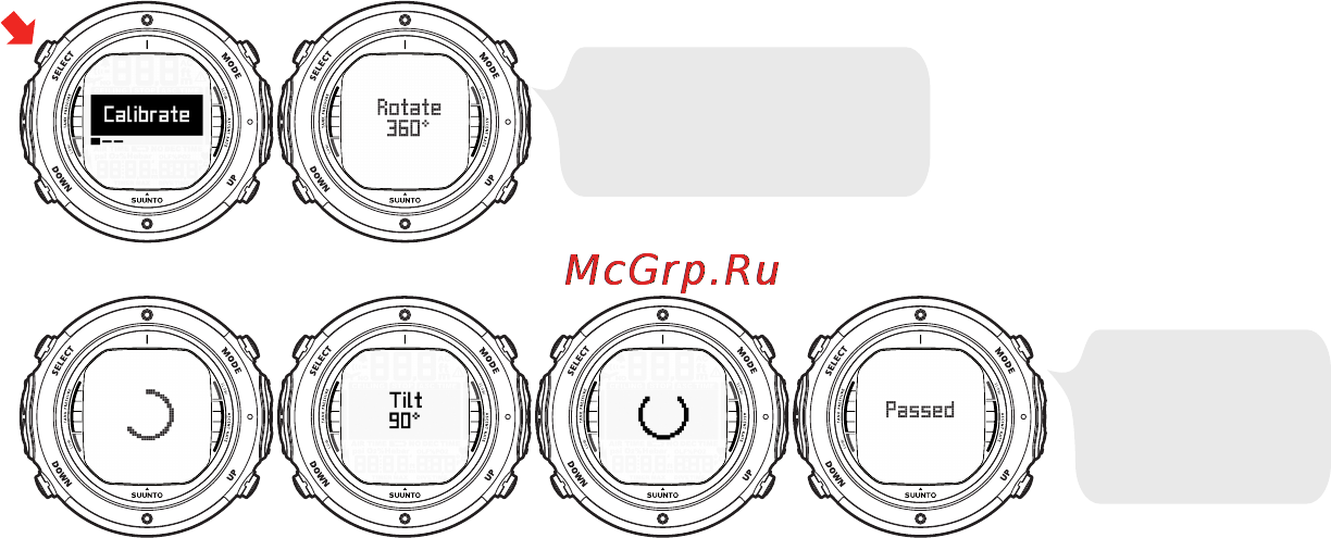 Suunto D6i [37/161] Повторные нарушения калибровки могут свидетельствовать о том что вы нахо дитесь вблизи от источников сильного магнитного поля таких как крупные метал лические предметы линии электропитания или электрические приборы после перемещения в другое место попробуйте выполнить калибровку компаса еще раз если калибровка по прежнему не выполняется свяжитесь с авторизованным сервисным центром компании suunto