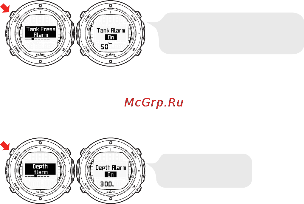 Suunto D6i [68/161] Установка сигнала тревоги по глубине параметр depth alarm сигнал тревоги по глубине установлен на заводе изго товителе равным 30 м 100 футам однако вы можете изменить его в соответствии с личными предпочтениями или выключить допускается установка значения глубины в диапазоне от 3 до 120 м от 10 до 394 футов