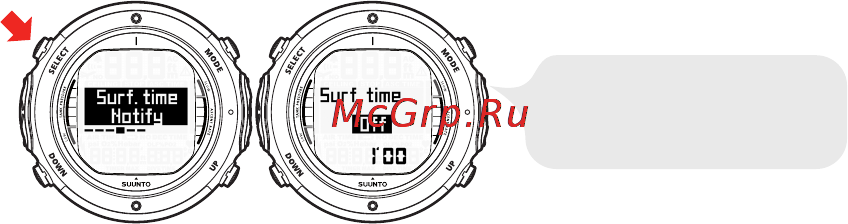 Suunto D6i [70/161] Установка сигнала уведомления времени пребывания на поверхности режим free