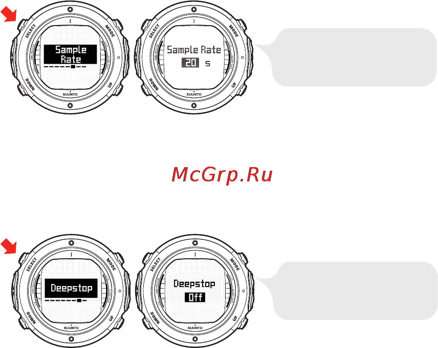 Suunto D6i [71/161] Установка параметров глубоководных остановок в режиме air режим установки параметров deep stops глубоководные останов ки позволяет установить для глубоководных остановок режим on вкл или off выкл в зависимости от того используются ли глубоководные остановки или нет