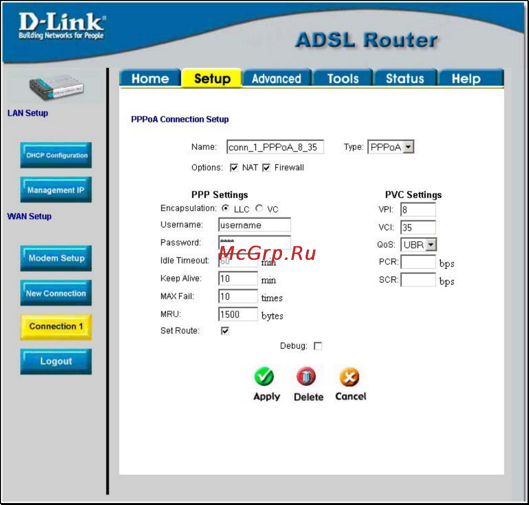 D-Link DSL-504T [8/11] Настройка adsl подключения для pppoa