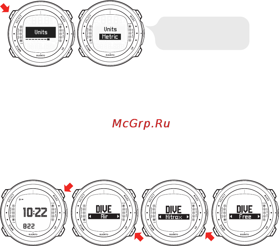 Suunto D4i [60/147] Вход в режим dive погружение подводный компьютер suunto d4i имеет три режима погружения режим air для погружения только со стандартным воздухом режим nitrox для погружения со смесями газов обогащенными кислородом и режим free для фридайвинга