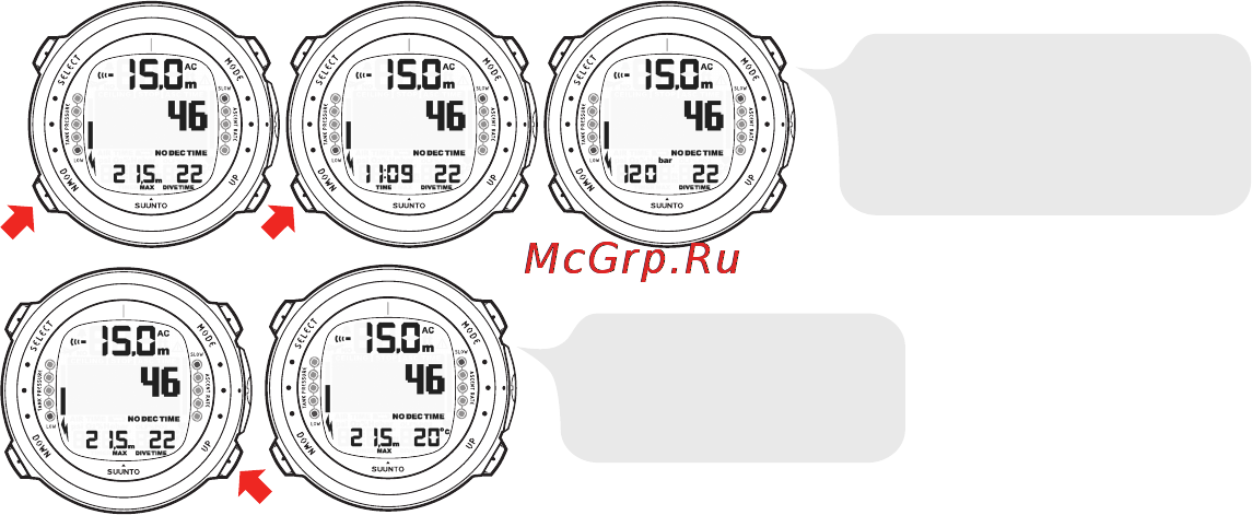 Suunto D4i [74/147] Закладка вы можете запрограммировать закладки в памяти профиля в ходе погружения эти закладки отображаются при прокрутке памяти профиля погружения на дис плее эти закладки также отображаются в качестве комментариев при загрузке информации из suunto dm4 с помощью программного обеспечения movescount для создания закладки в памяти профиля в ходе погружения нажмите кнопку select при этом будет кратковременно отображено подтверждение