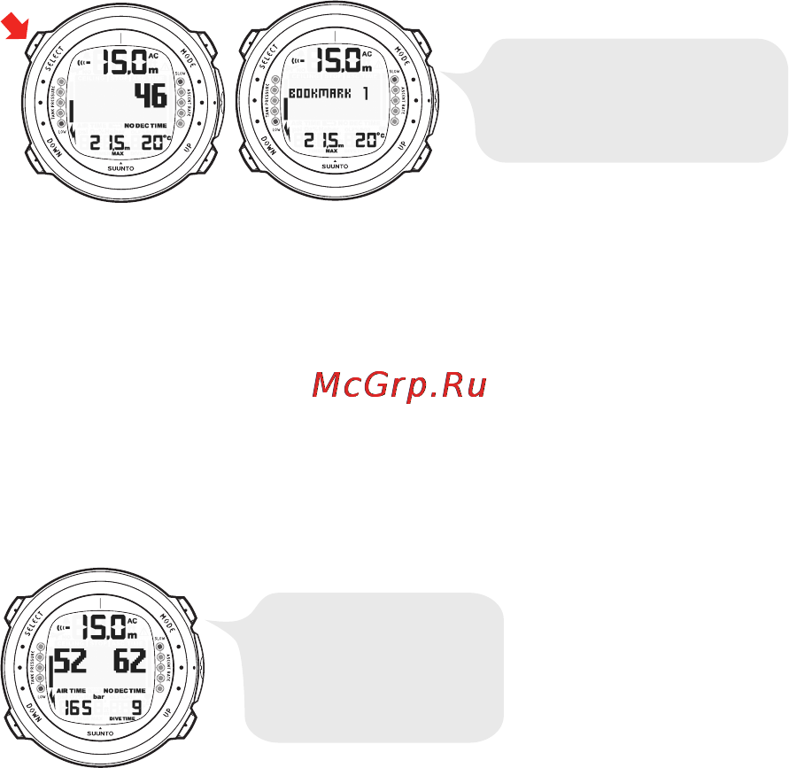 Suunto D4i [75/147] Данные о давлении в баллоне при использовании дополнительного беспроводного датчика давления давление в баллоне вашего акваланга в барах или в фунтах на квадратный дюйм отоб ражается в цифровом формате в левом нижнем углу альтернативного дисплея при начале погружения начинается отсчет оставшегося времени по истечении 30 60 секунд иногда и большего времени в зависимости от потребления вами воздуха в левом центральном окне дисплея отображается первая оценка оставшегося времени погружения с учетом запаса воздуха этот расчет всегда основывается на фактическом падении давления в вашем баллоне и автомати чески учитывает размеры вашего баллона и текущее потребление воздуха