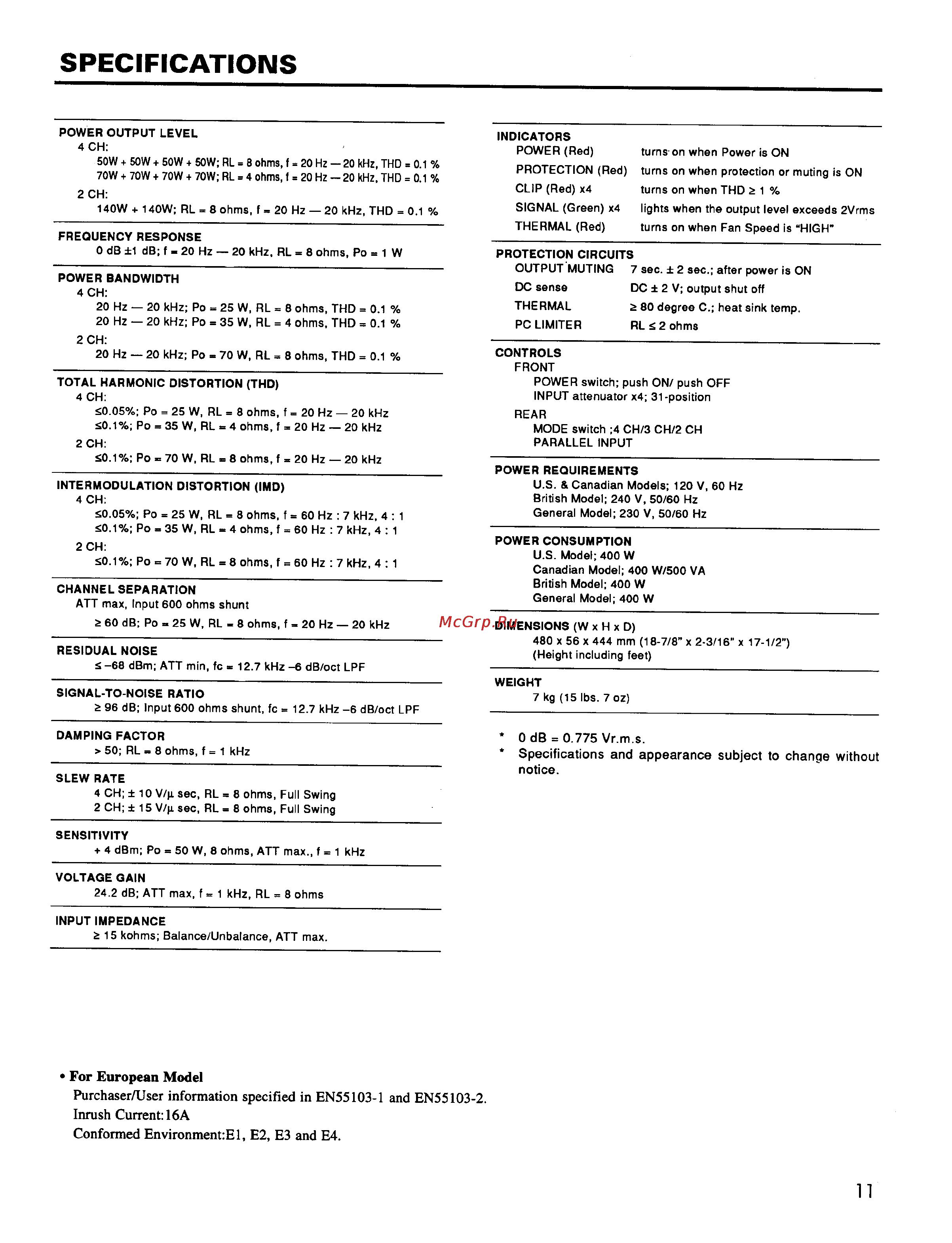 Yamaha P-4050 [13/18] Specifications