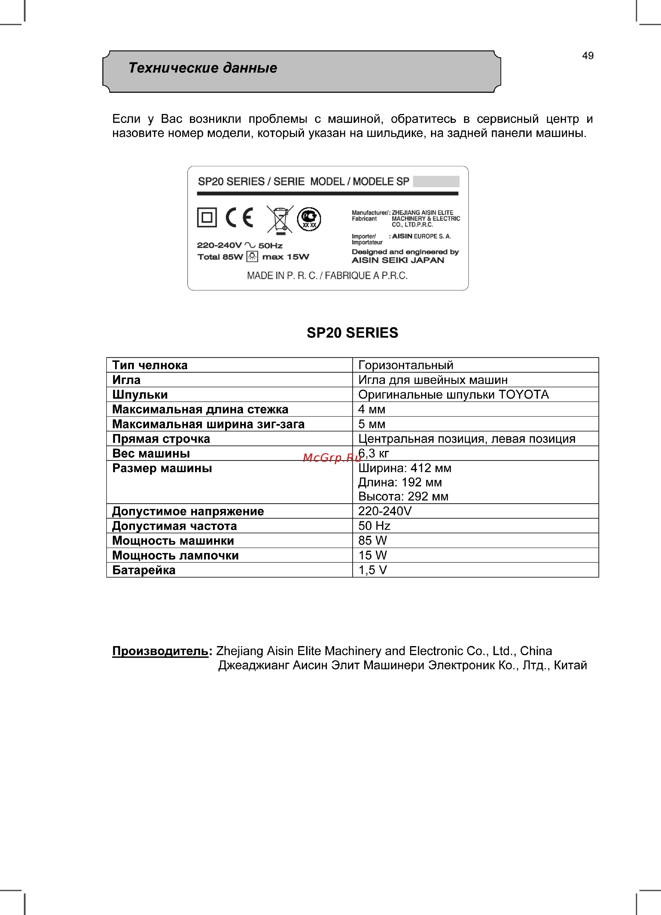 Toyota SPB25 [49/50] Технические данные