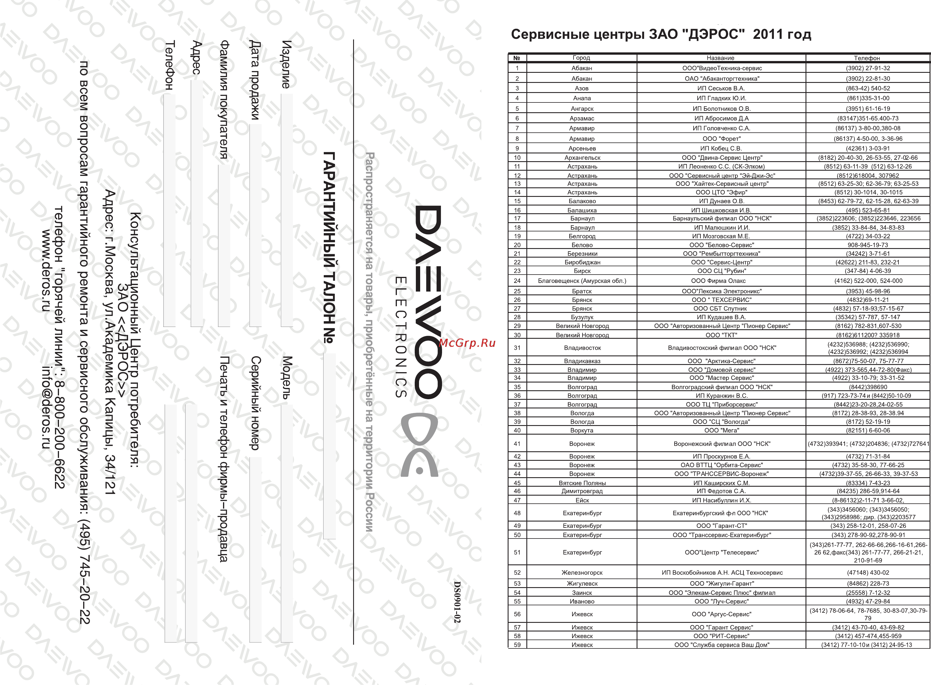 Daewoo Electronics RCH-2101 [6/8] Сервисные центры зао дэрос 2011 год