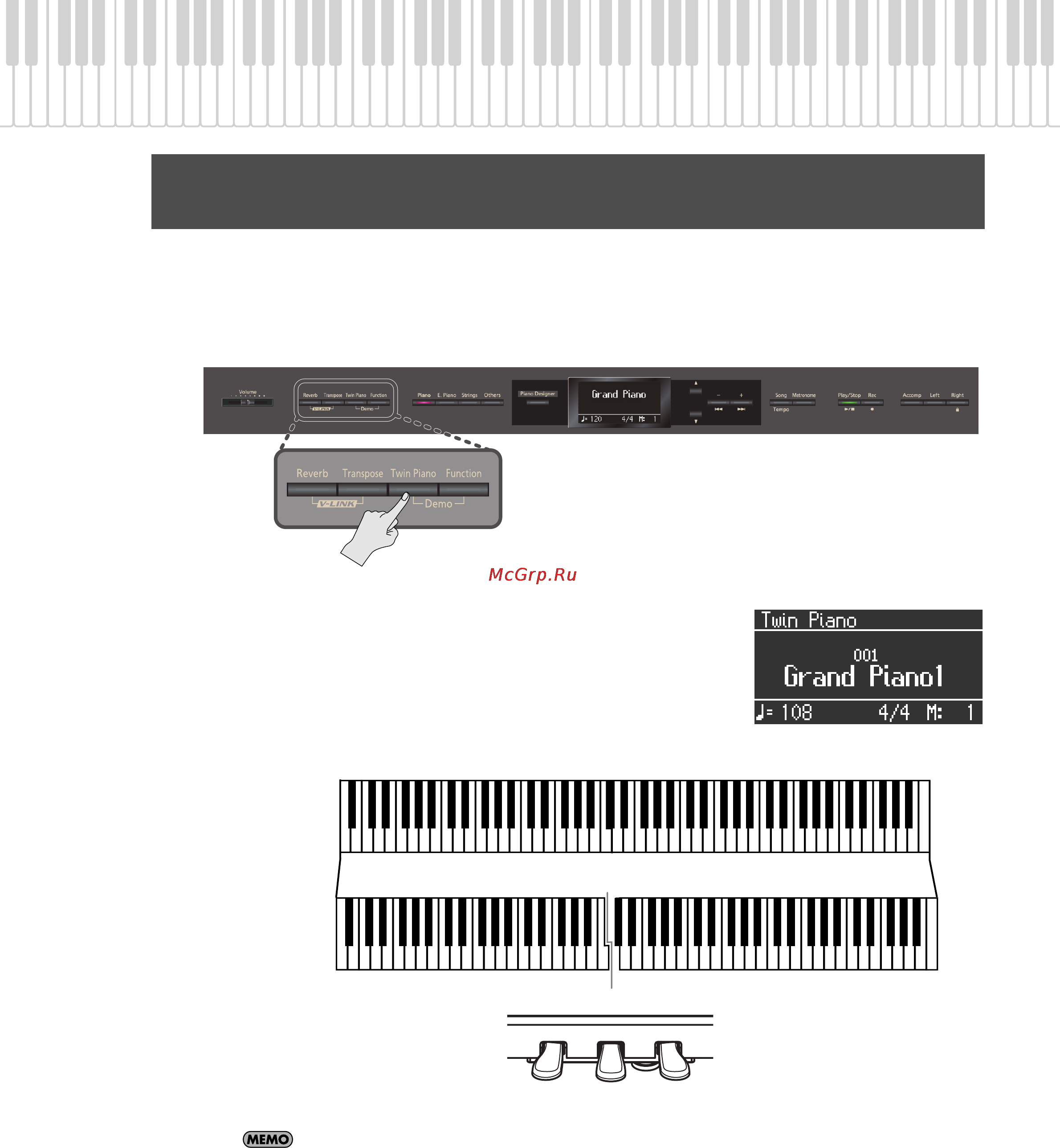 Roland HP307 [27/86] Разделение клавиатуры на две зоны для игры в четыре руки twin piano