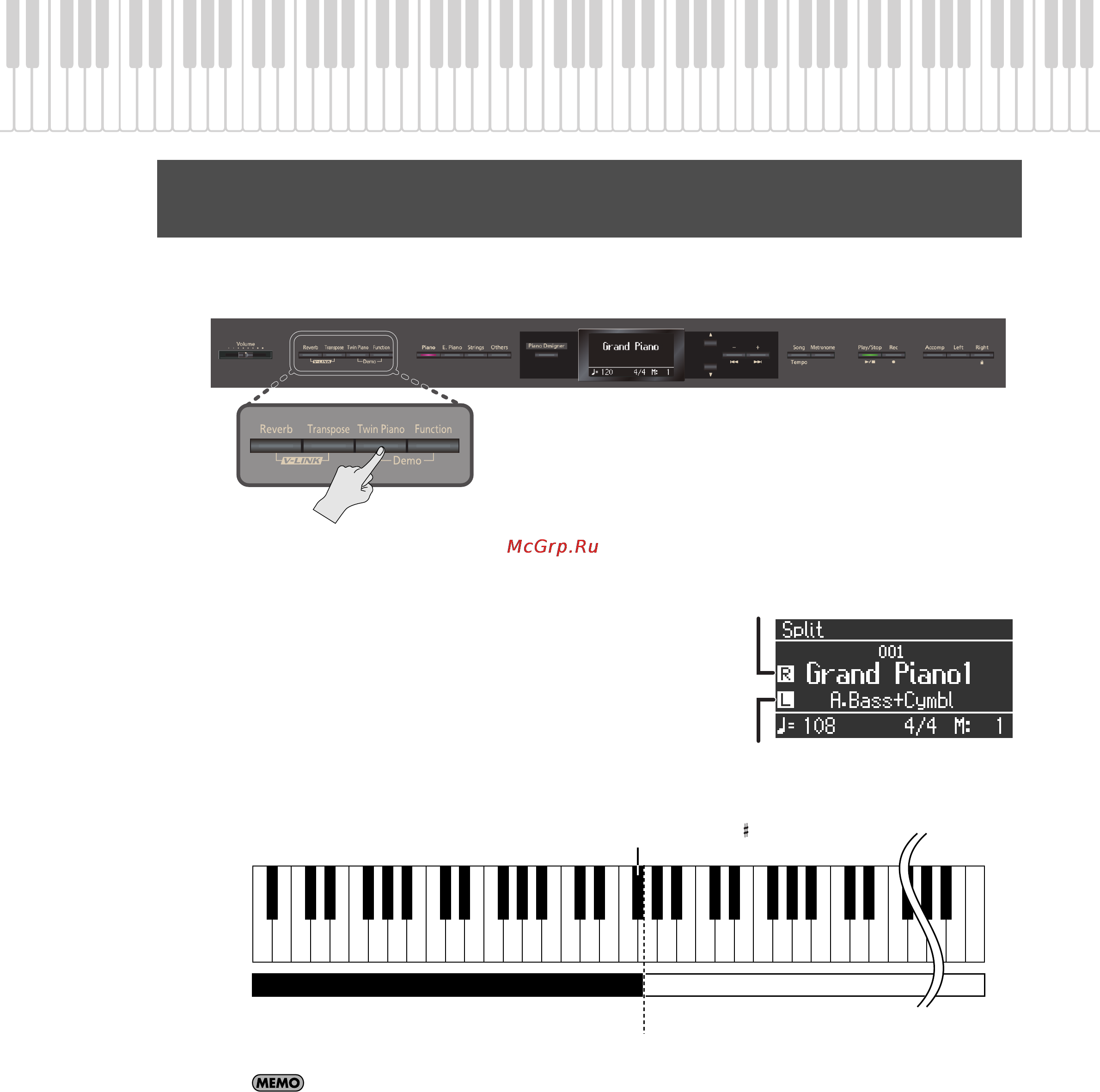 Roland HP307 [29/86] Игра с использованием различных тембров в левой и правой зонах клавиатуры split play