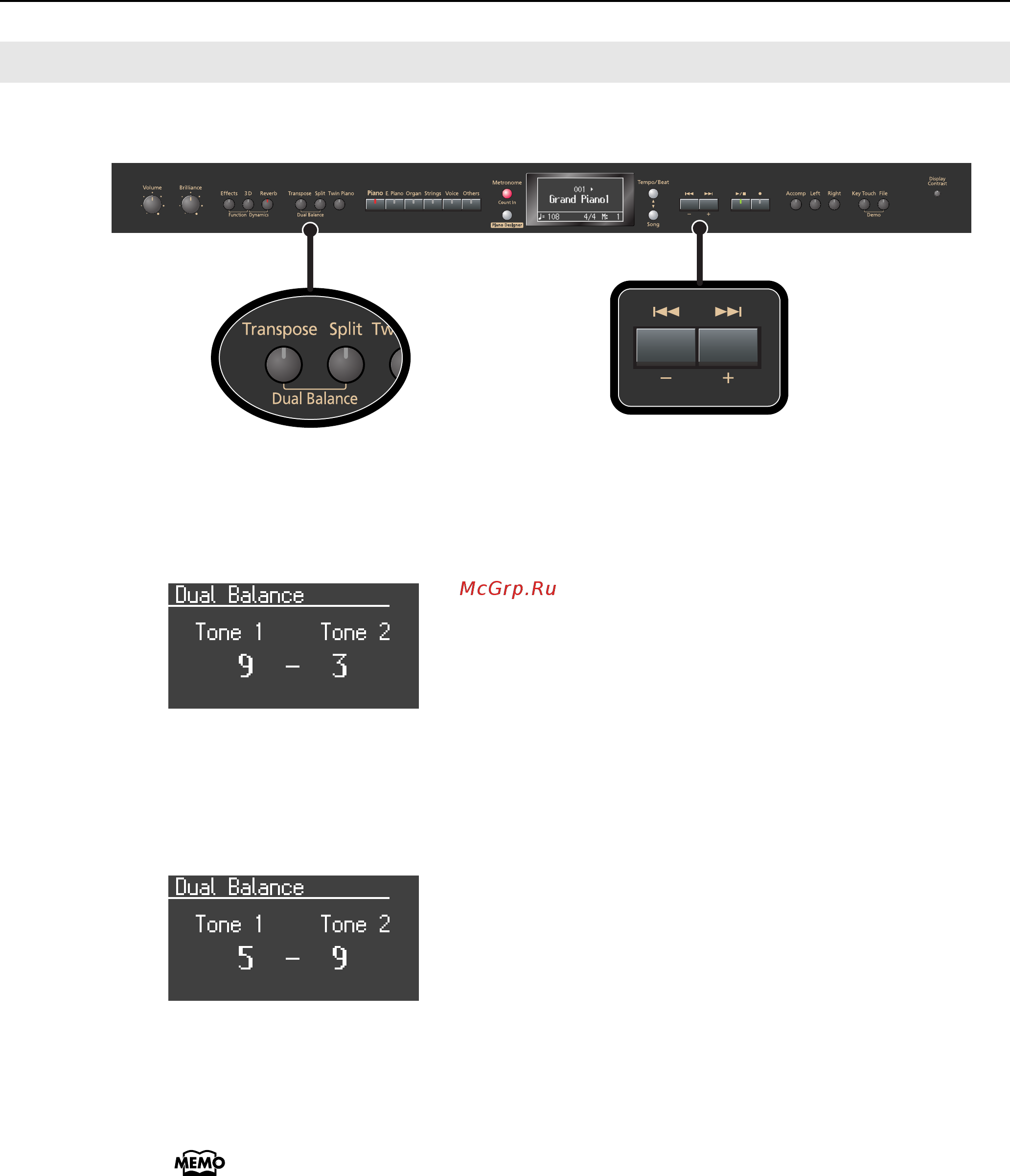 Roland HP207 [44/114] Transpose или кнопку split