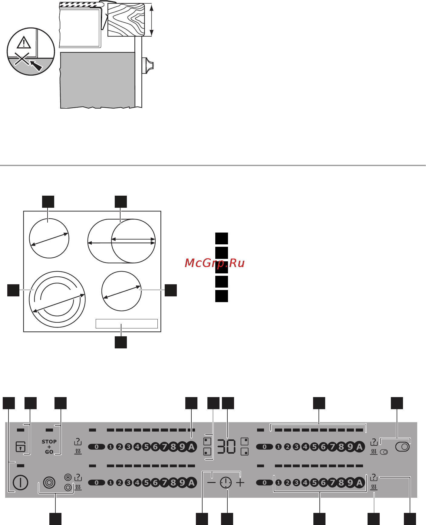 Electrolux EHS60210X [5/16] Одноконтурная конфорка 1200 вт 2 овальная конфорка 1500 2400 вт 3 одноконтурная конфорка 1200 вт 4 панель управления 5 трехконтурная конфорка 800 1600 2300 вт