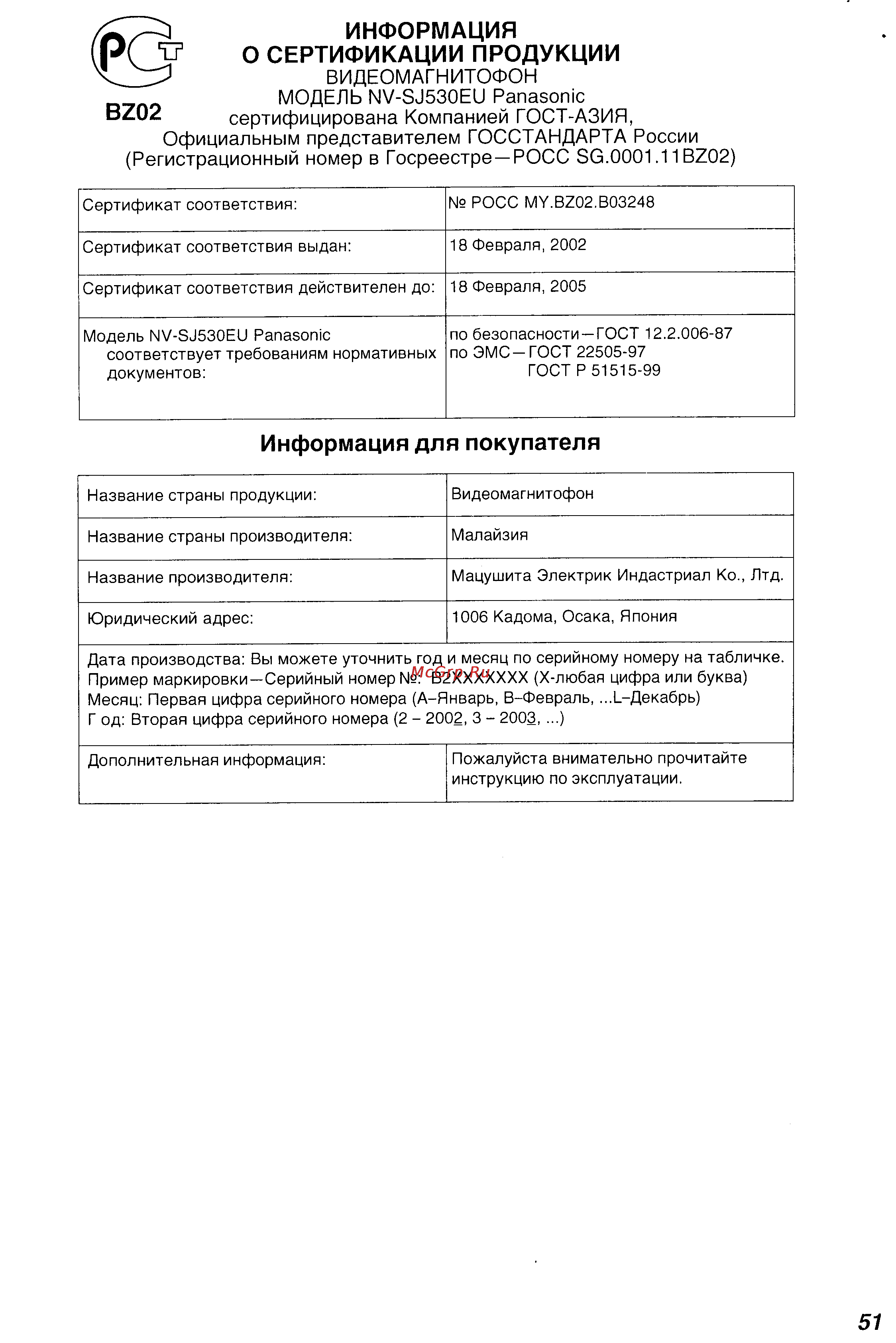 Panasonic NV-SJ530 Series [26/26] Модель nv sj530eu panasonic