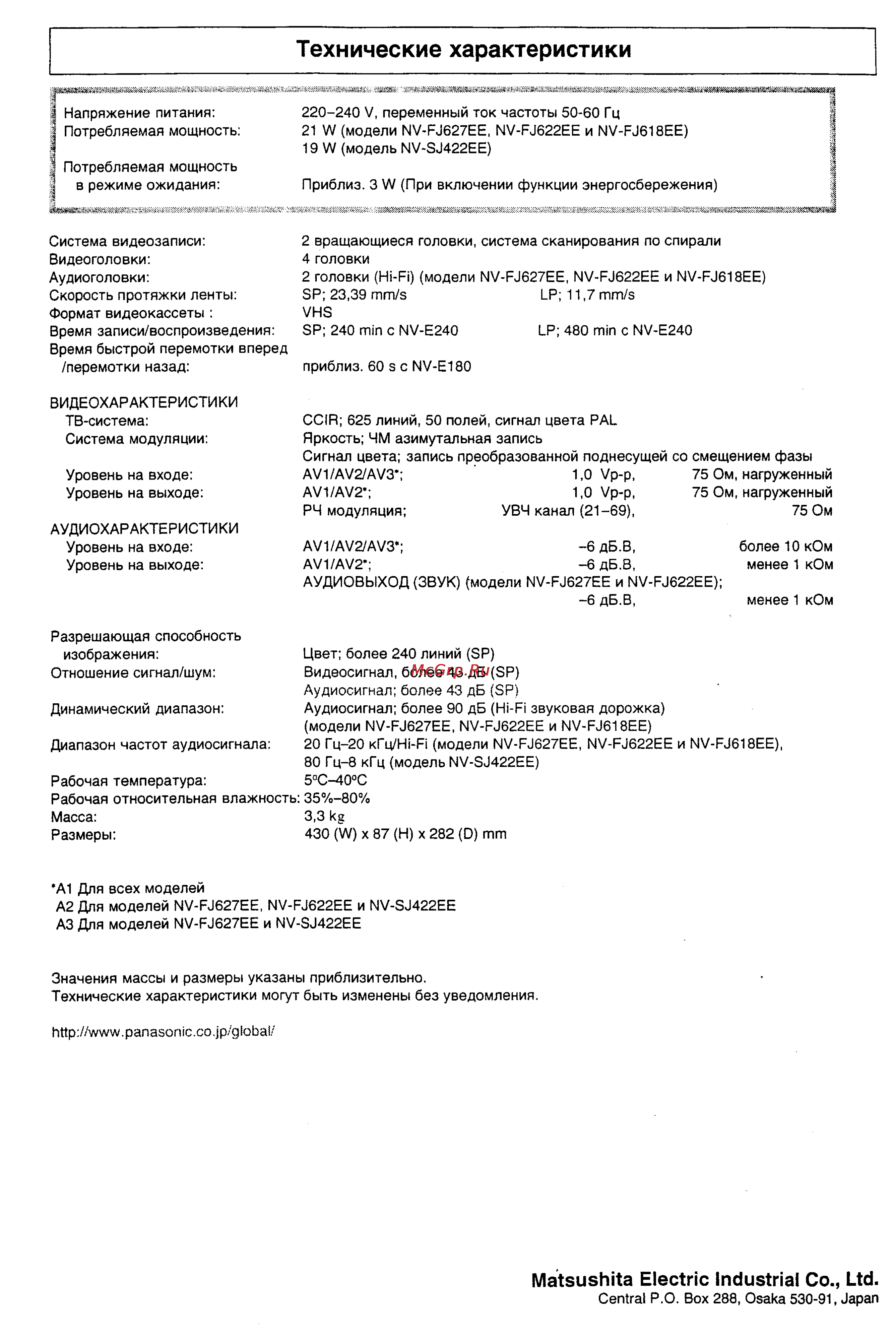 Panasonic NV-FJ627EE [28/28] Технические характеристики