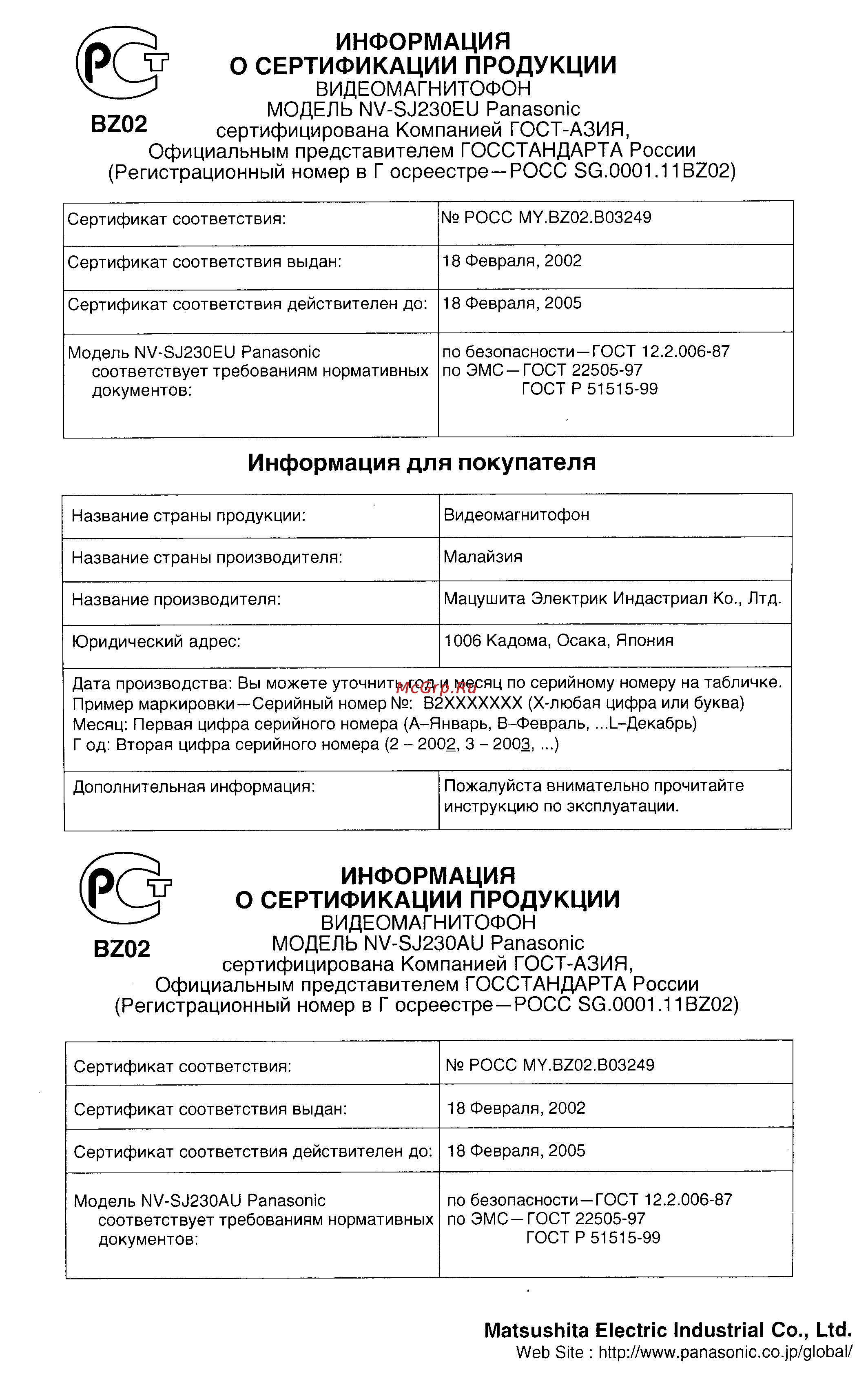 Panasonic NV-SJ230 Series [25/25] Модель nv sj230au panasonic