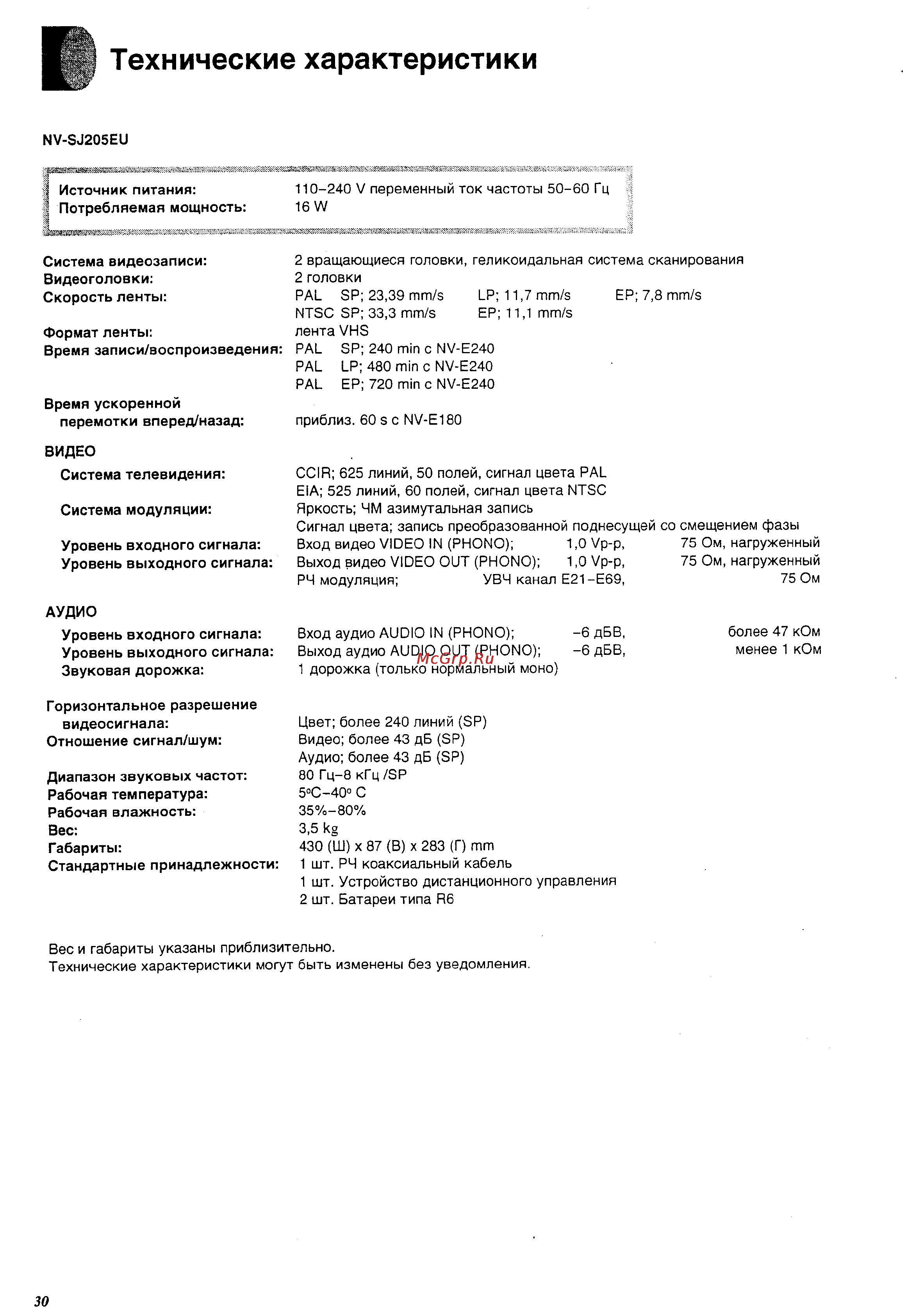 Panasonic NV-SJ205EU [30/32] Технические характеристики