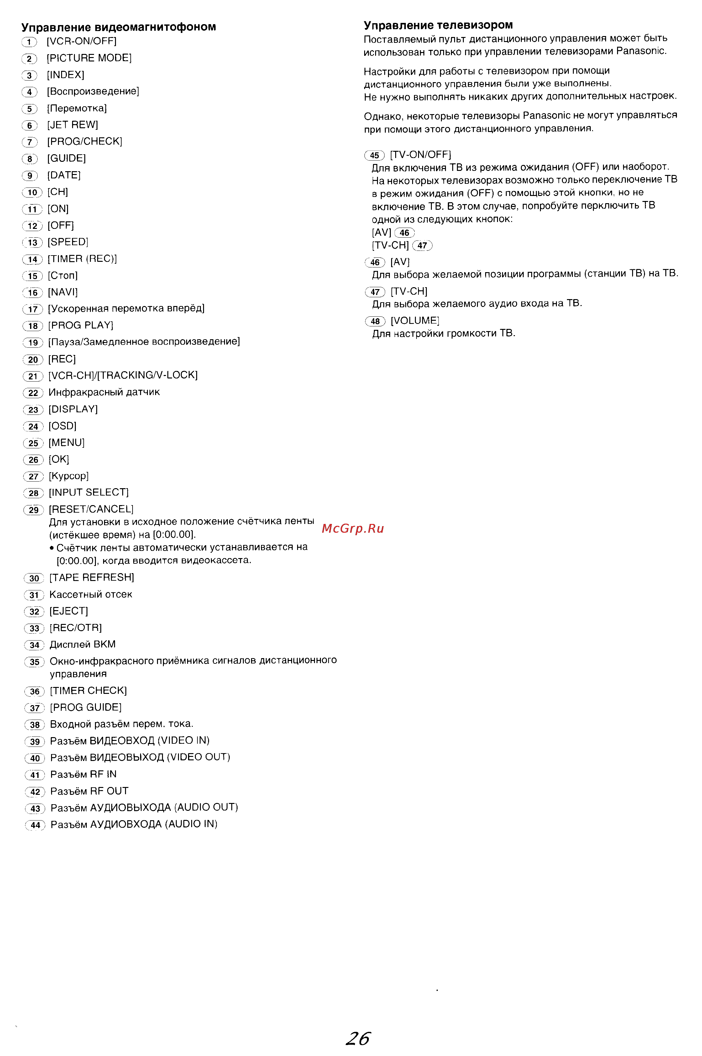 Panasonic NV-MV20 [5/24] Управление видеомагнитофоном