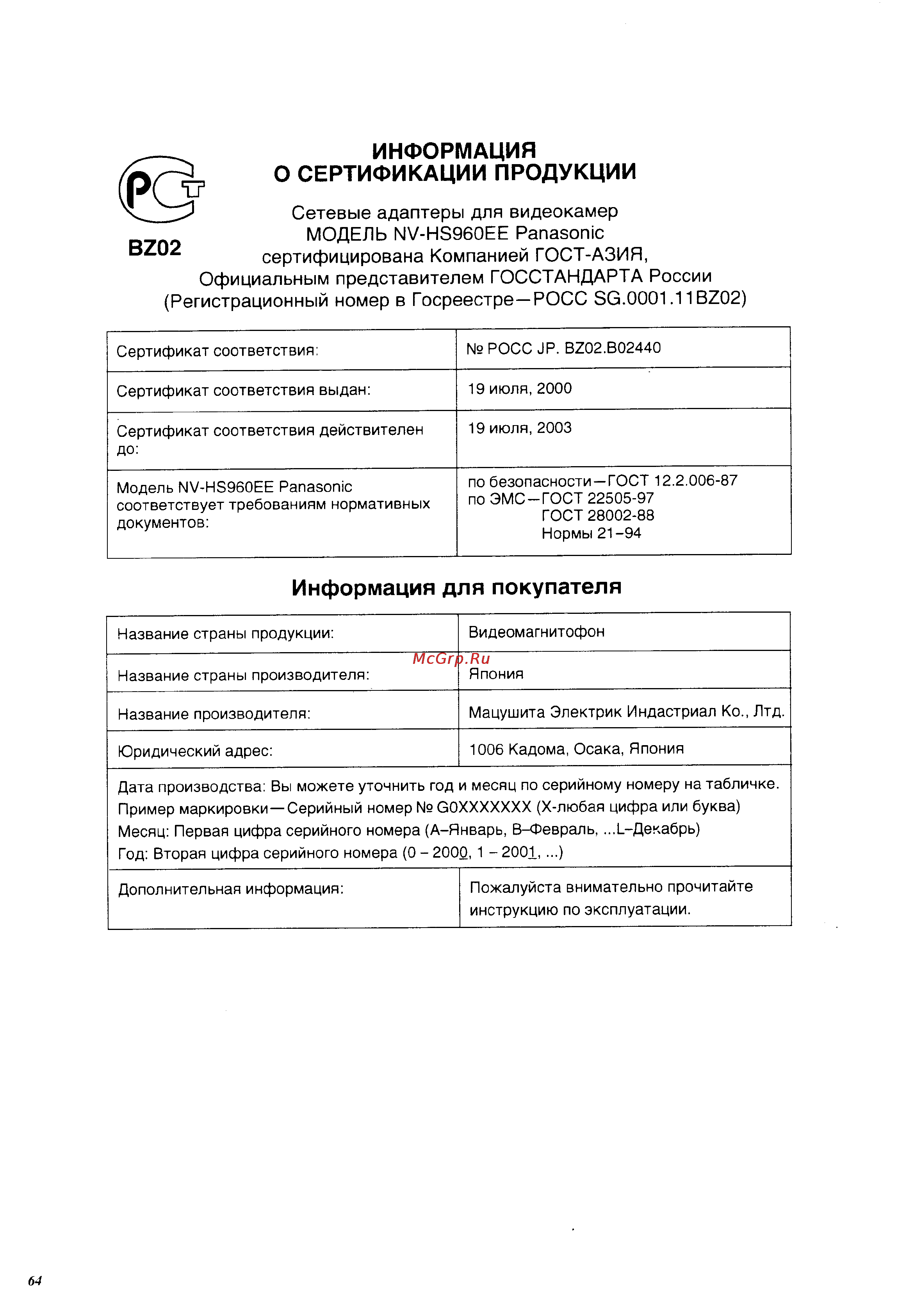 Panasonic NV-HS960EE [64/64] Информация