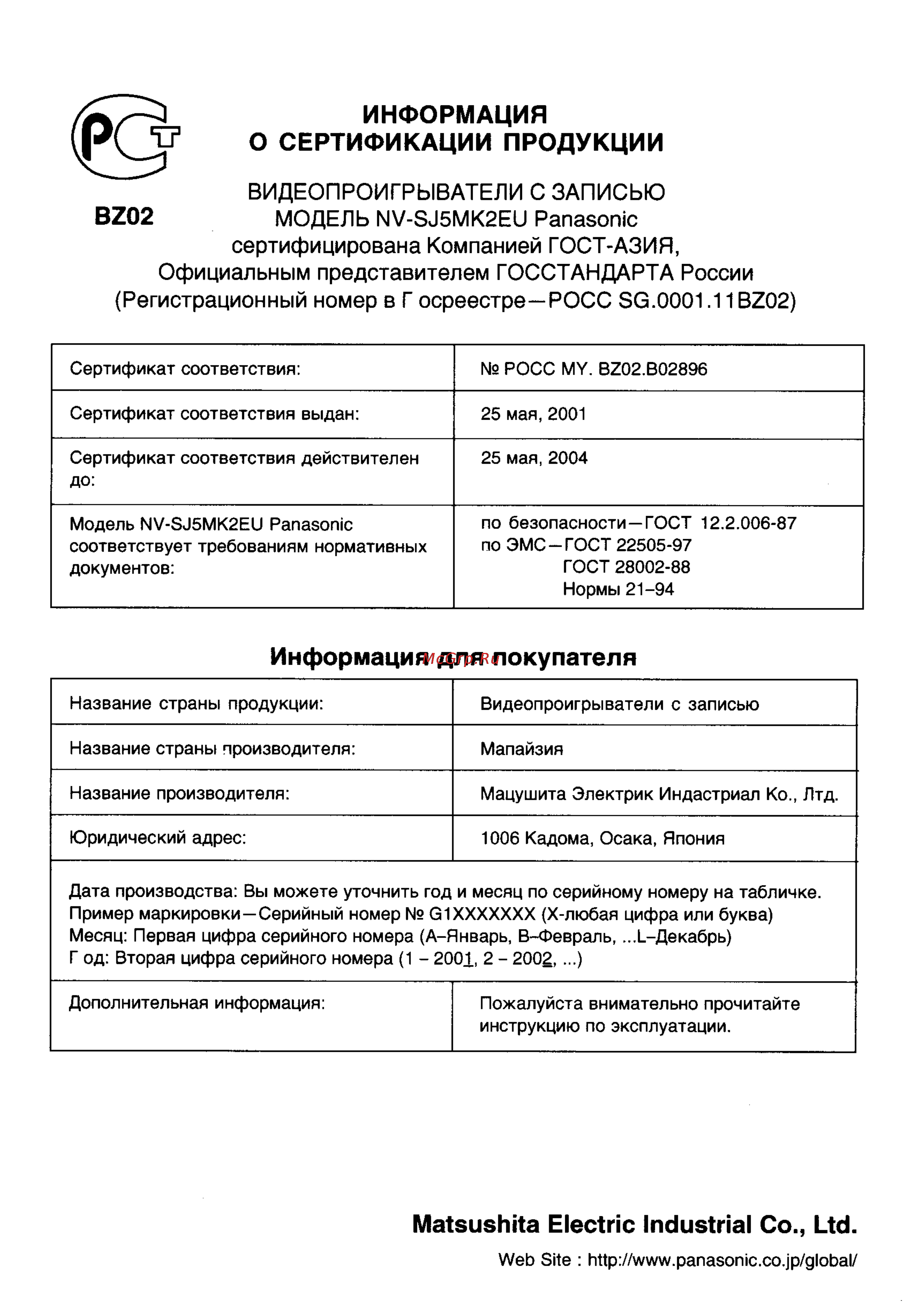 Panasonic NV-FJ8MK2AM [17/17] Модель nv sj5mk2eu panasonic