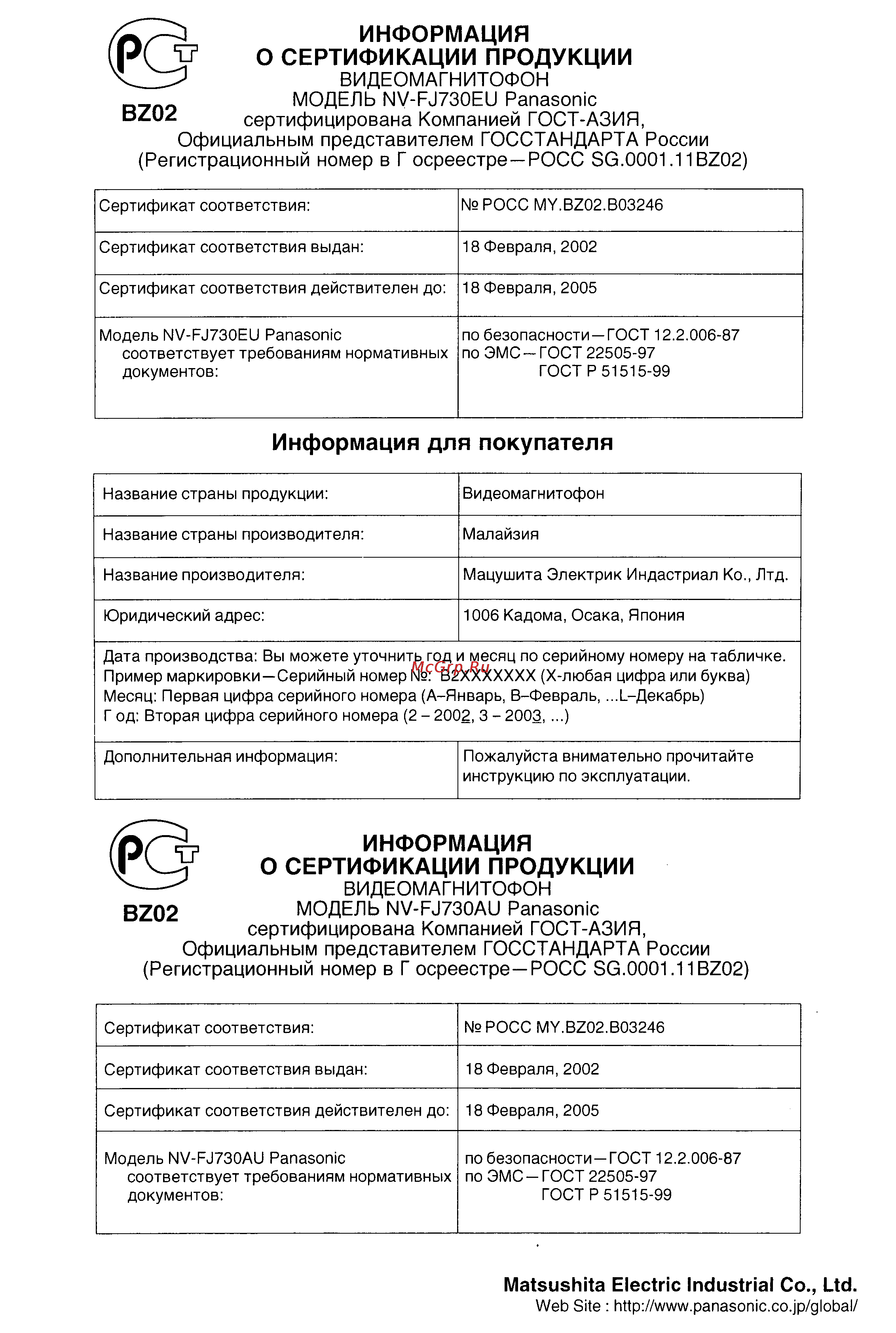 Panasonic NV-FJ730 Series [31/31] Информация