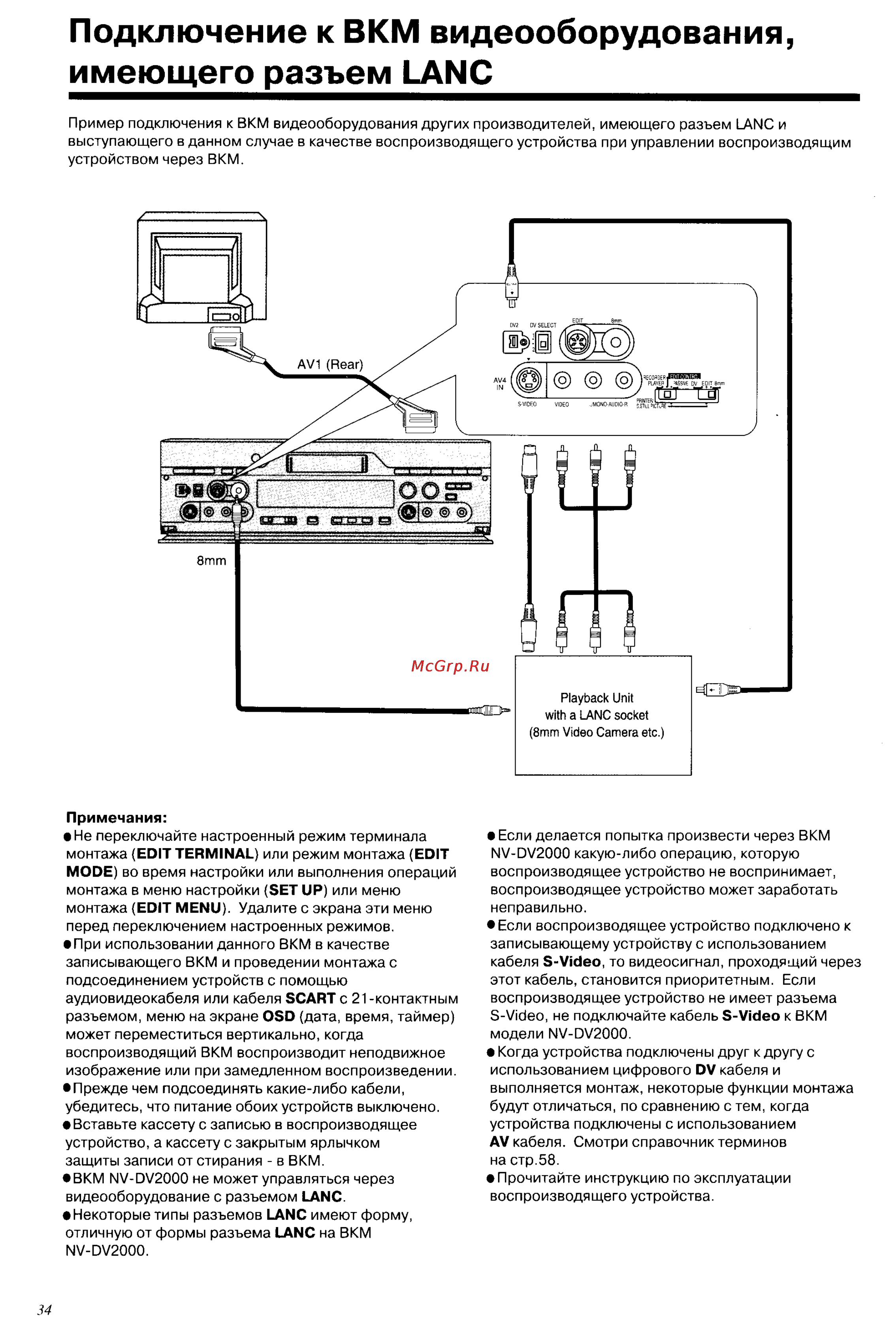 Panasonic NV-DV2000EC [34/67] Подключение к вкм видеооборудования имеющего разъем lanc