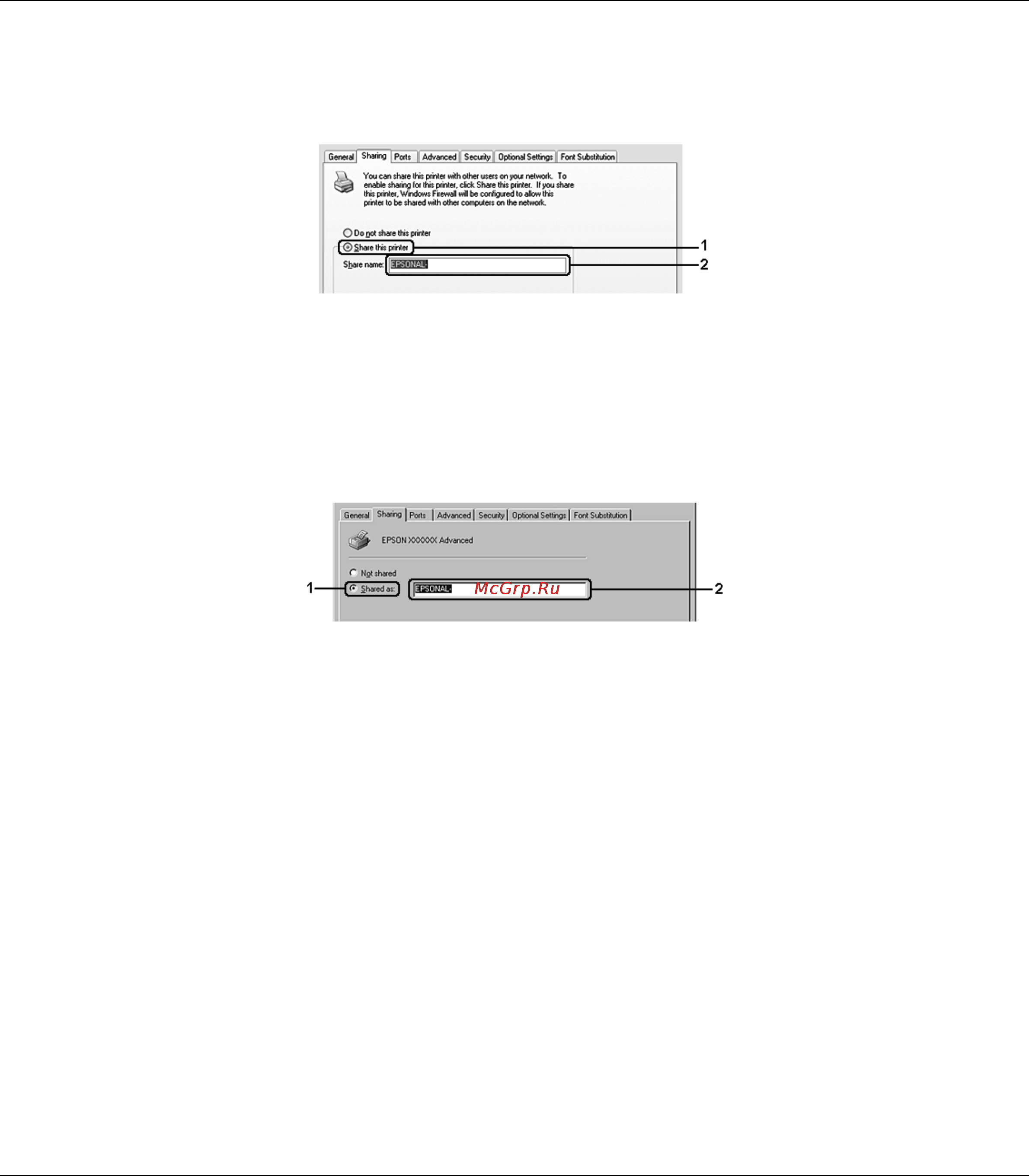 Epson М1200 [66/146] В windows vista vista x64 xp или xp x64 выберите share this printer совместно использовать этот принтер и введите имя в поле share name сетевое имя