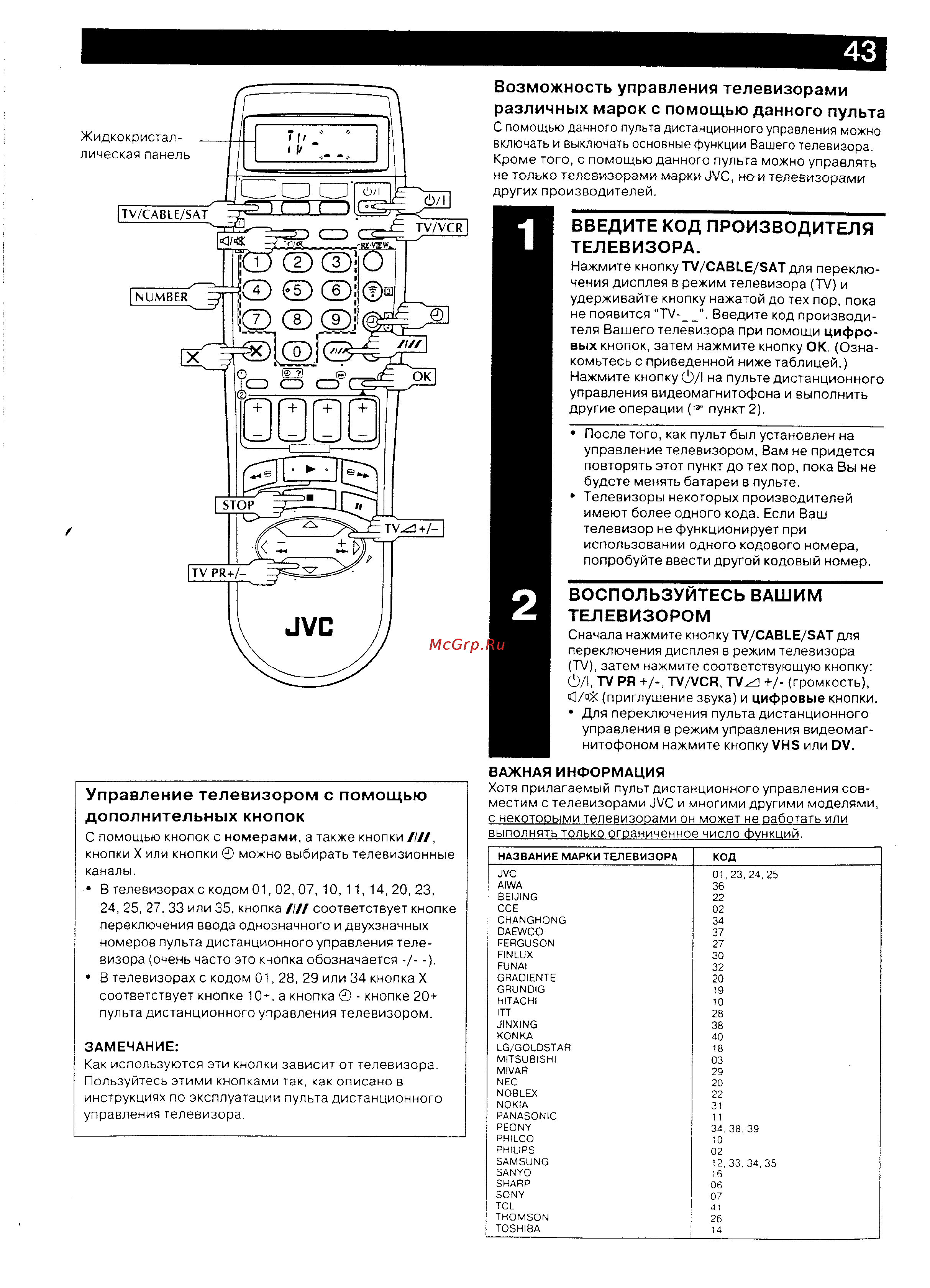 JVC HR-DVS2EU [43/79] Введите код производителя телевизора